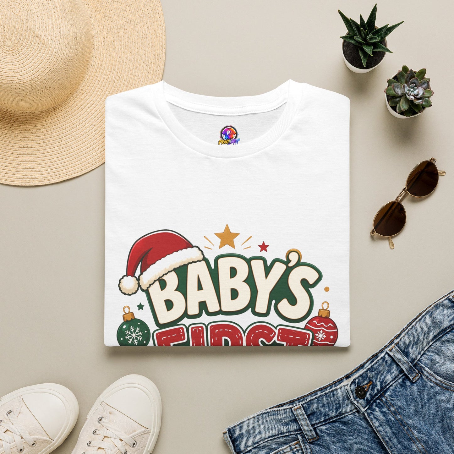 Baby's First Christmas T-Shirt — Festive Santa Hat & Ornaments Holiday Tee
