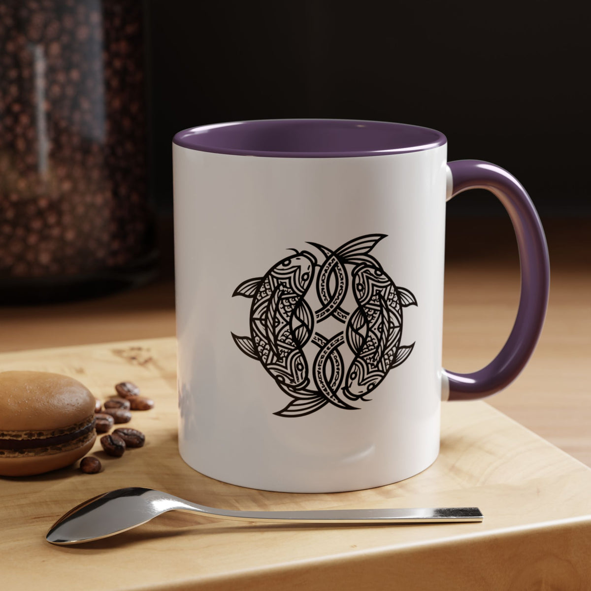 Pisces Zodiac Turtle Mandala Accent Coffee Mug – Black Interior & Handle, Intricate Tribal Sea Turtle Design