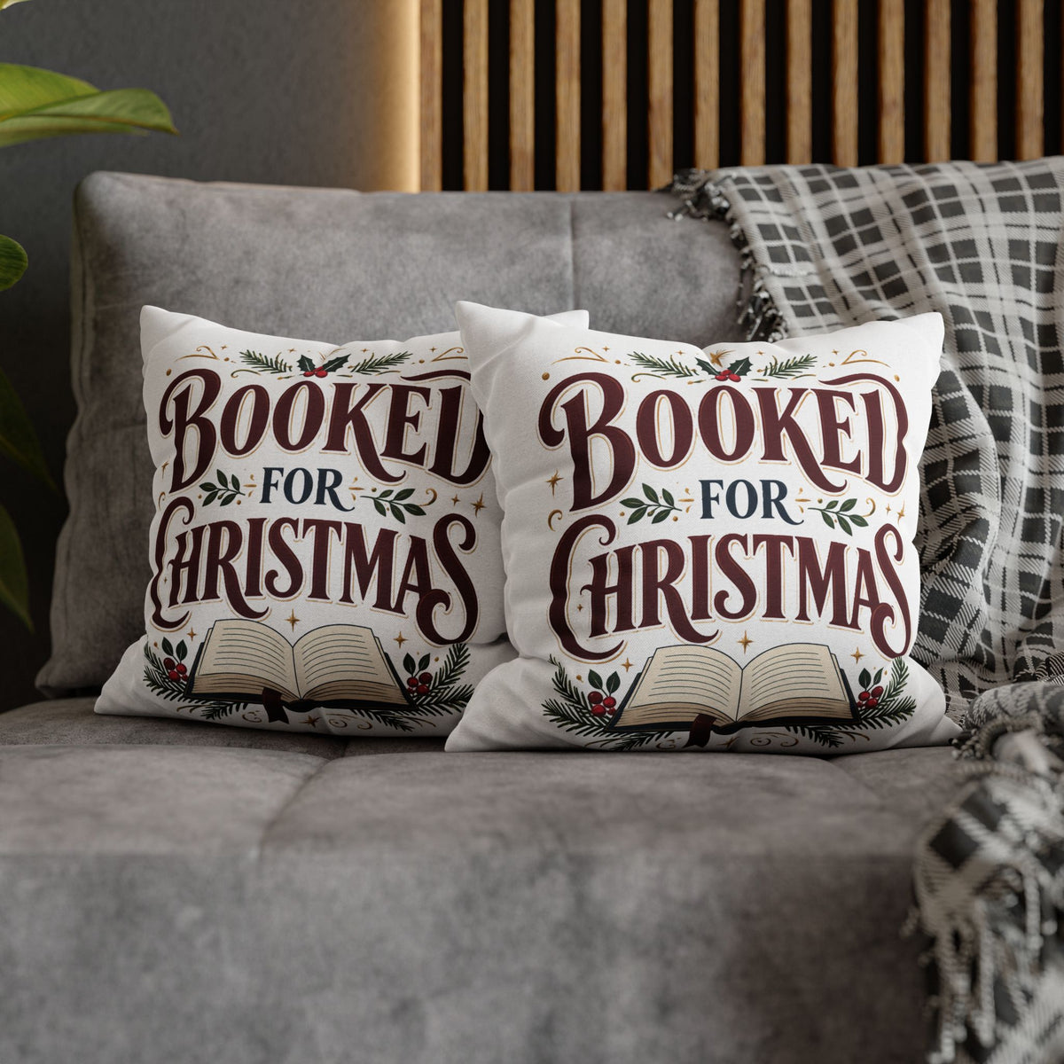 Booked for Christmas Square Pillowcase — Holiday Book Lover Throw Pillow