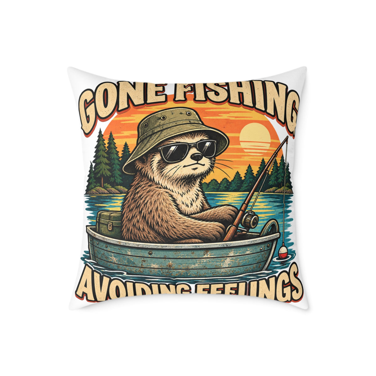 Gone Fishing Pillow —Funny  'Gone Fishing, Avoiding Feelings' Sloth Fishing Decorative Throw Pillow