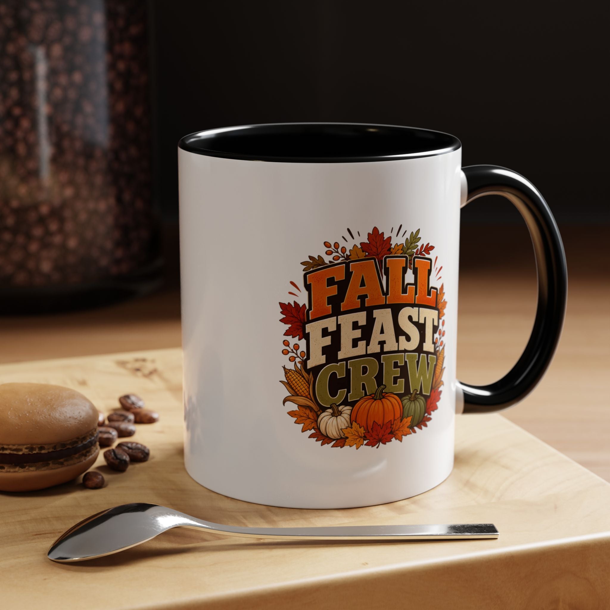 Thanksgiving Mug Fall Feast Crew Coffee Mug — Autumn Pumpkin & Leaves Accent Mug