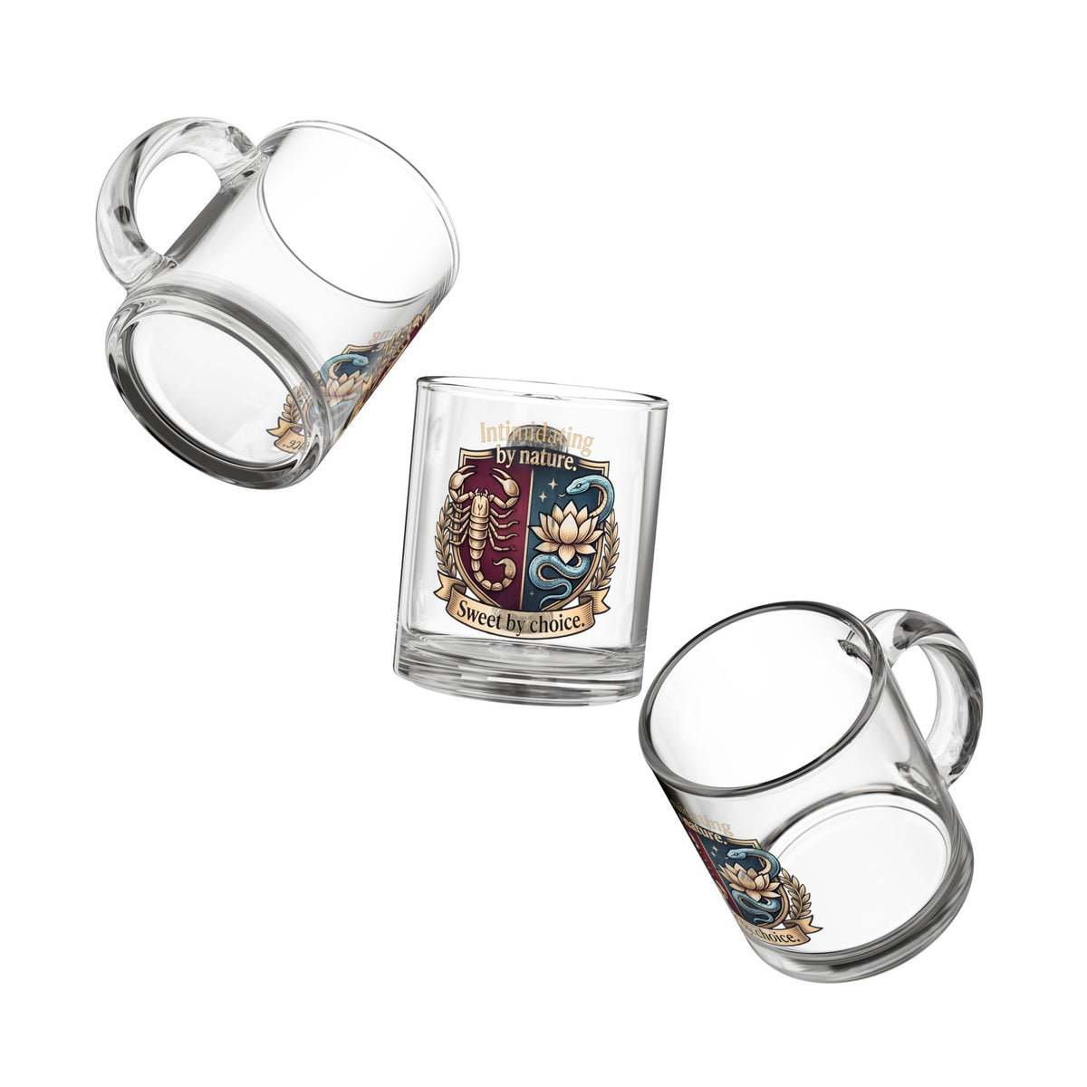 Scorpion Glass Mug  Scorpio Crest Glass Mug — "Intriguing by nature. Sweet by choice." 10oz
