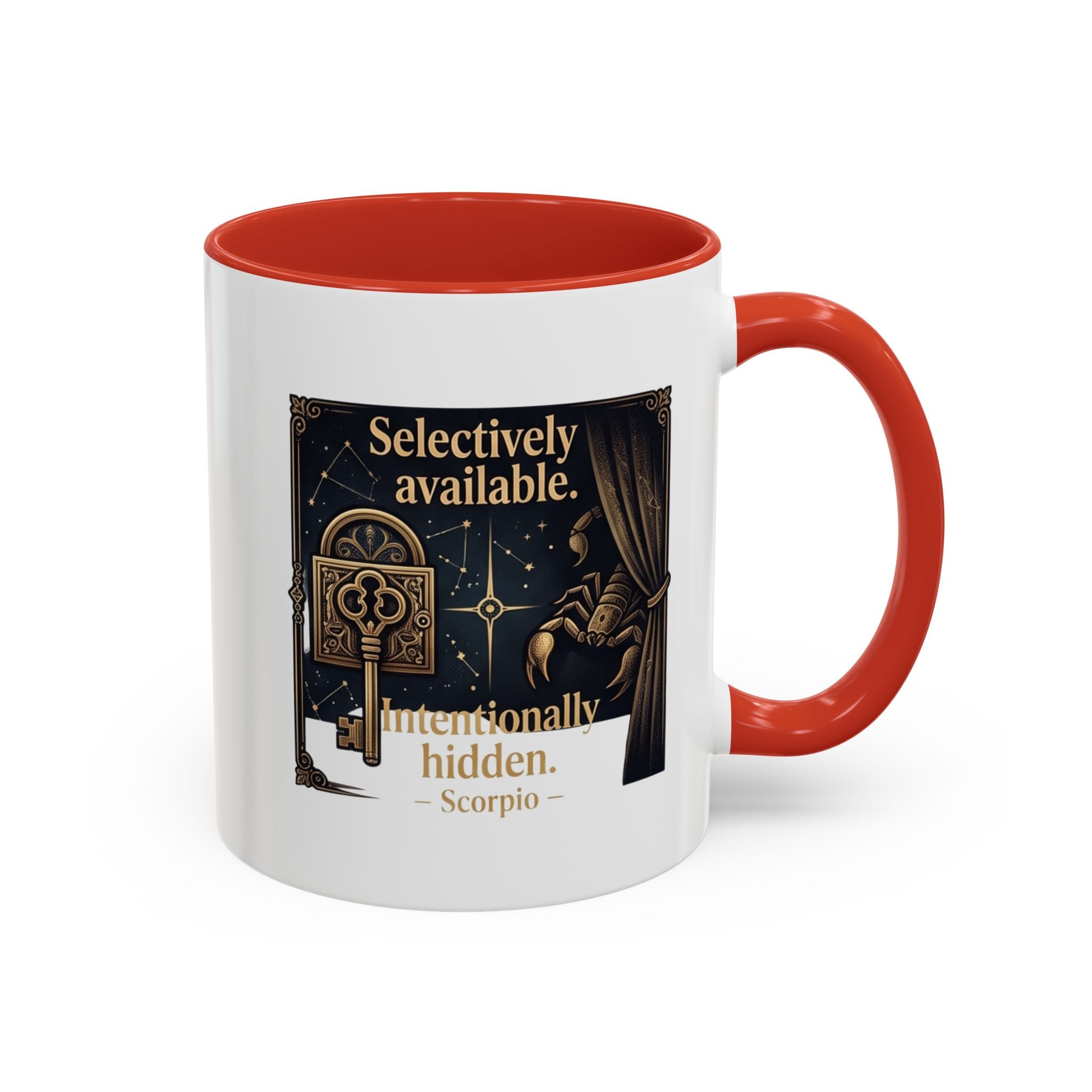 Scorpio Accent Coffee Mug — "Selectively Available, Intentionally Hidden" Zodiac Gift