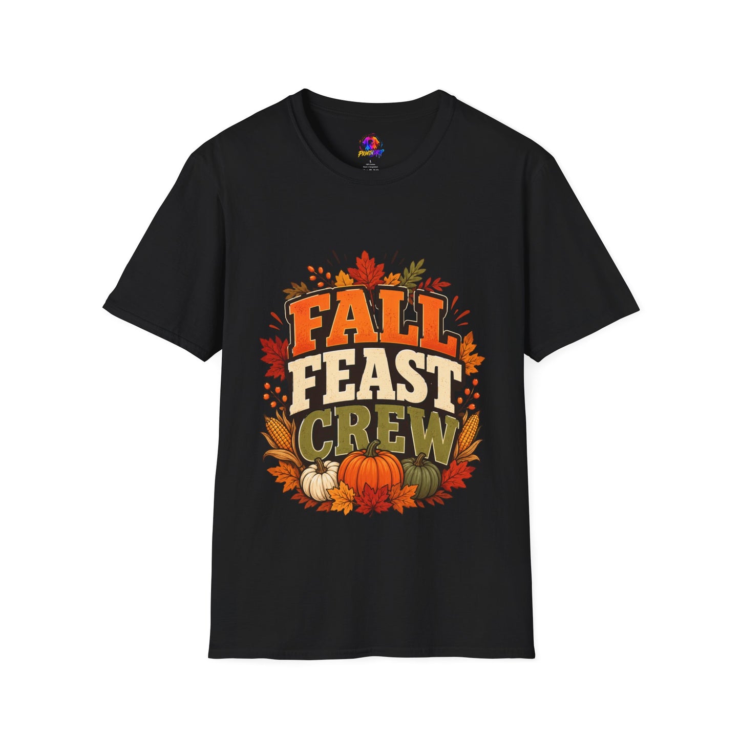 Fall Feast Crew T-Shirt — Thanksgiving Pumpkin & Leaves Graphic Tee