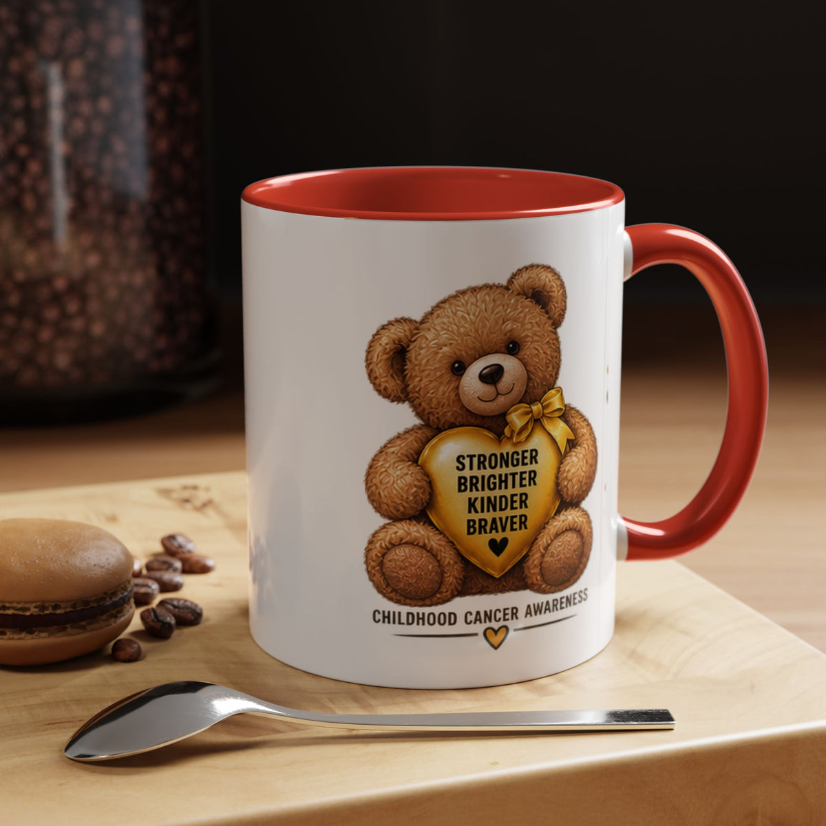 Childhood Cancer Awareness Coffee Mug — 'Stronger Brighter Kinder Braver' Teddy