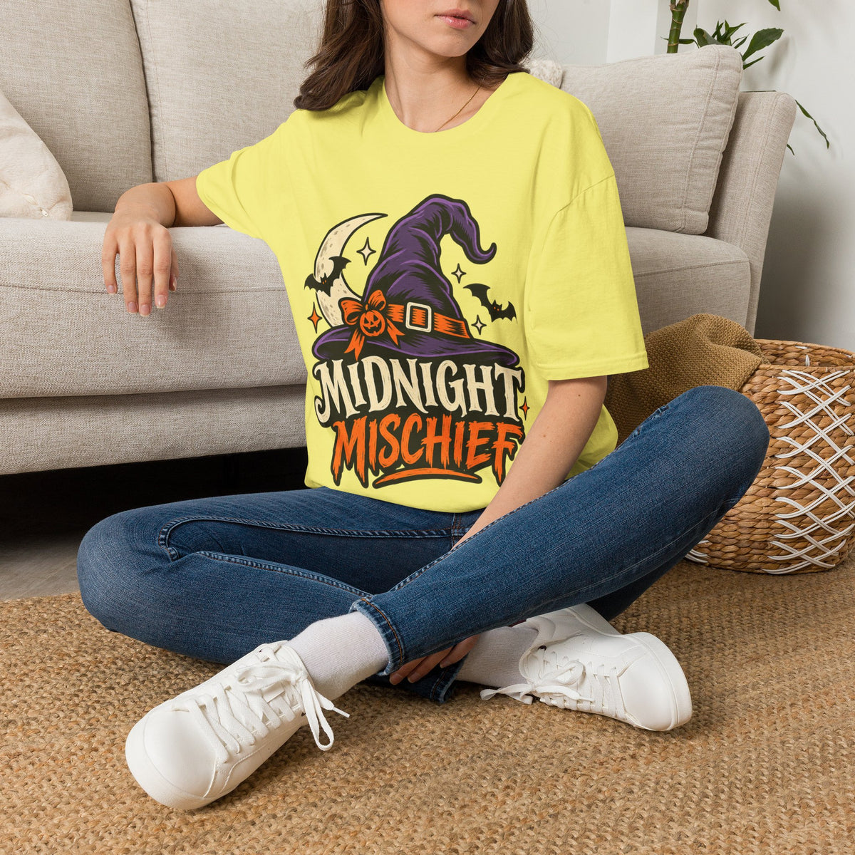 Midnight Mischief Halloween T-Shirt — Witch Hat & Bats Graphic