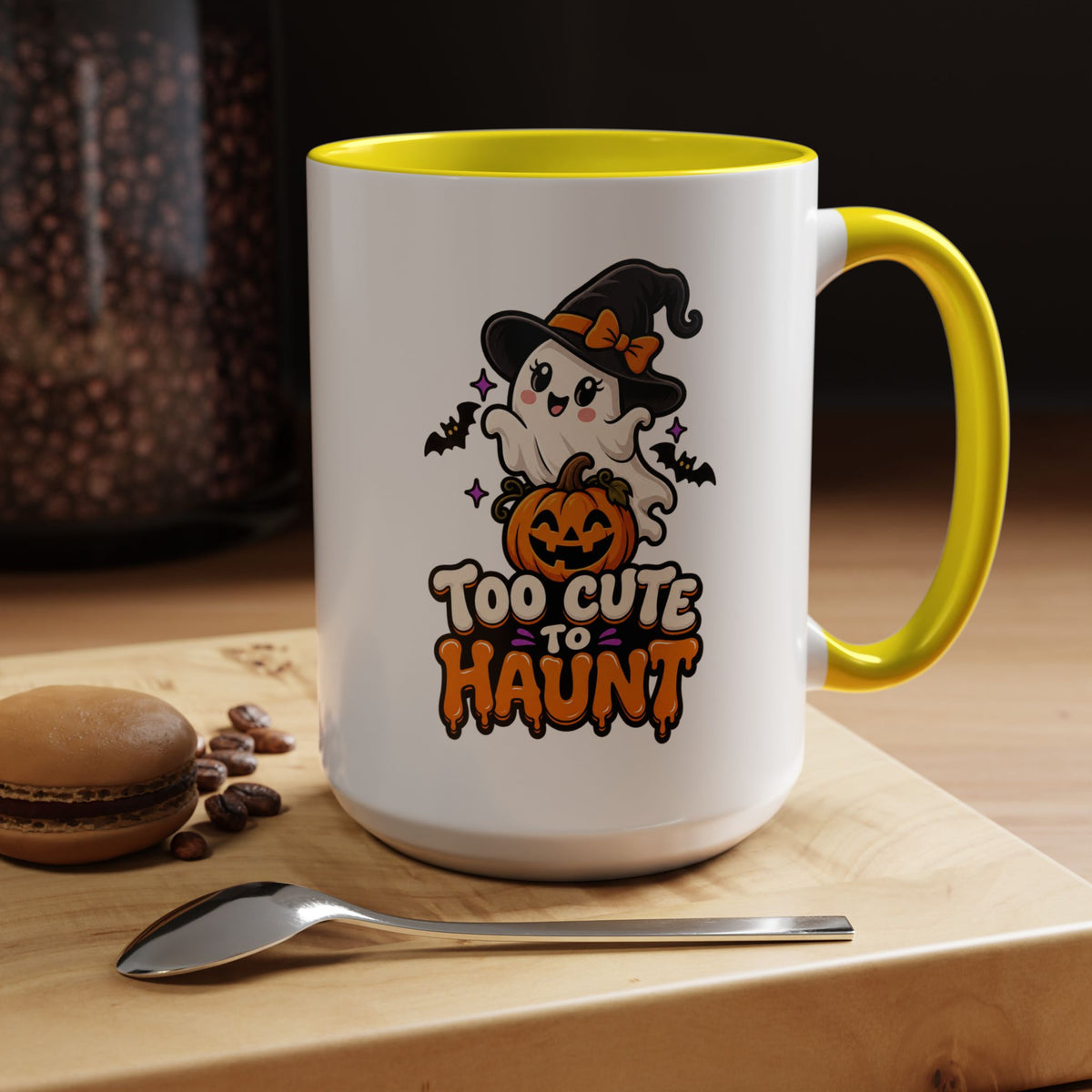 Halloween Coffee Mug - 'Too Cute to Haunt' Ghost Pumpkin Accent Mug
