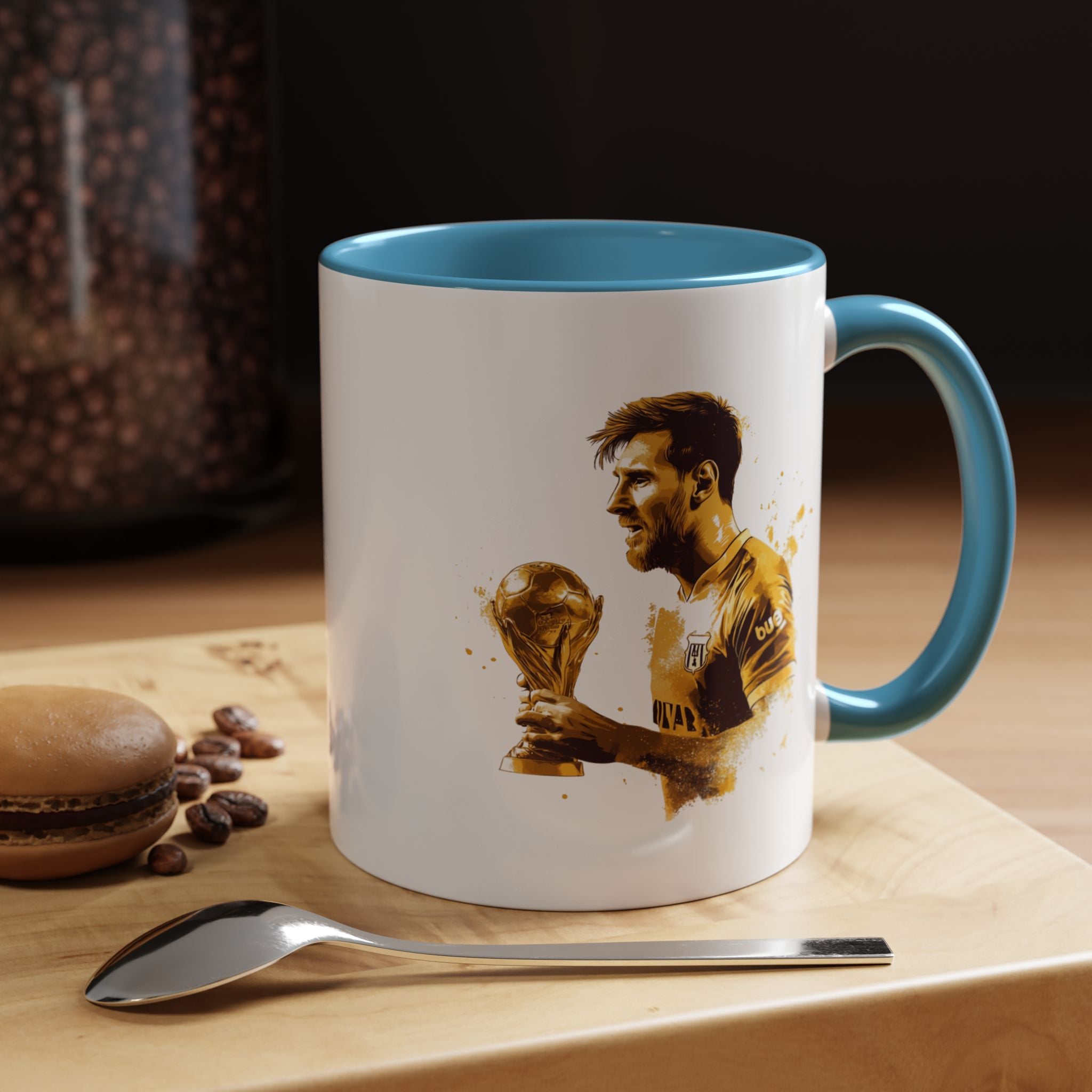 Soccer Legend Coffee Mug — Player Holding Trophy Accent Mug