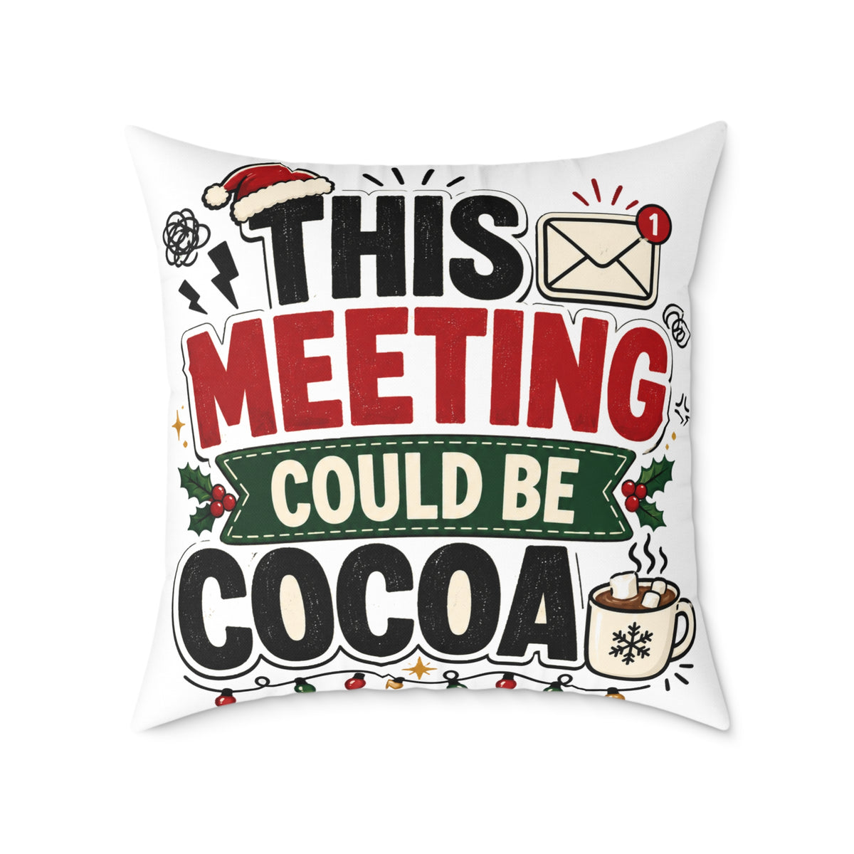 Modern Day Christmas Square Pillow — "This Meeting Could Be Cocoa" Holiday Throw Pillow