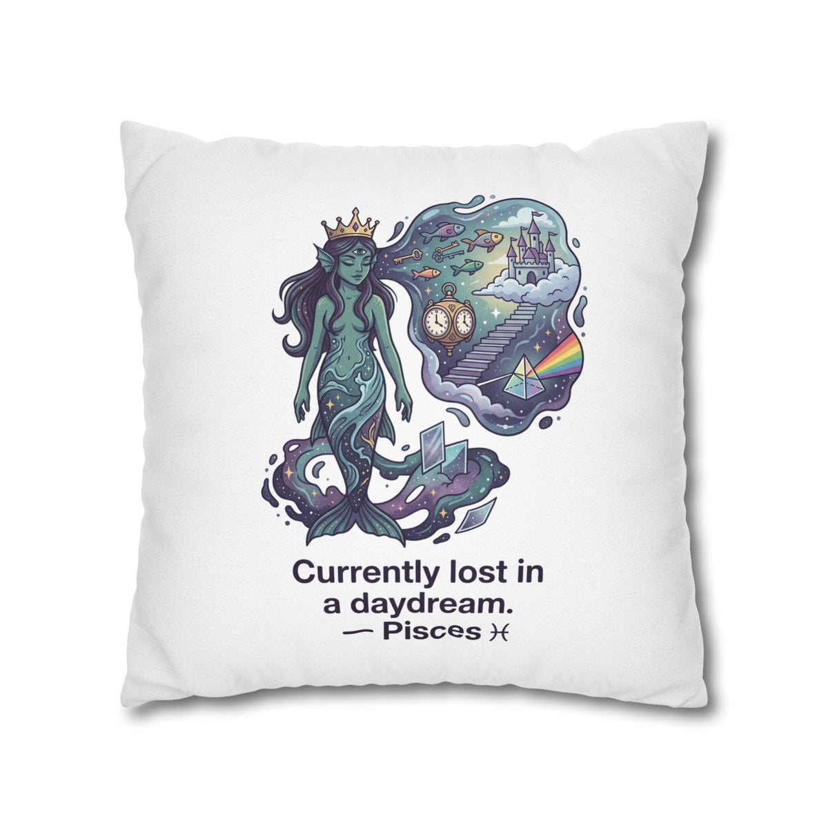 Pisces Mermaid Pillowcase — "Currently Lost in a Daydream" Decorative Throw Pillow