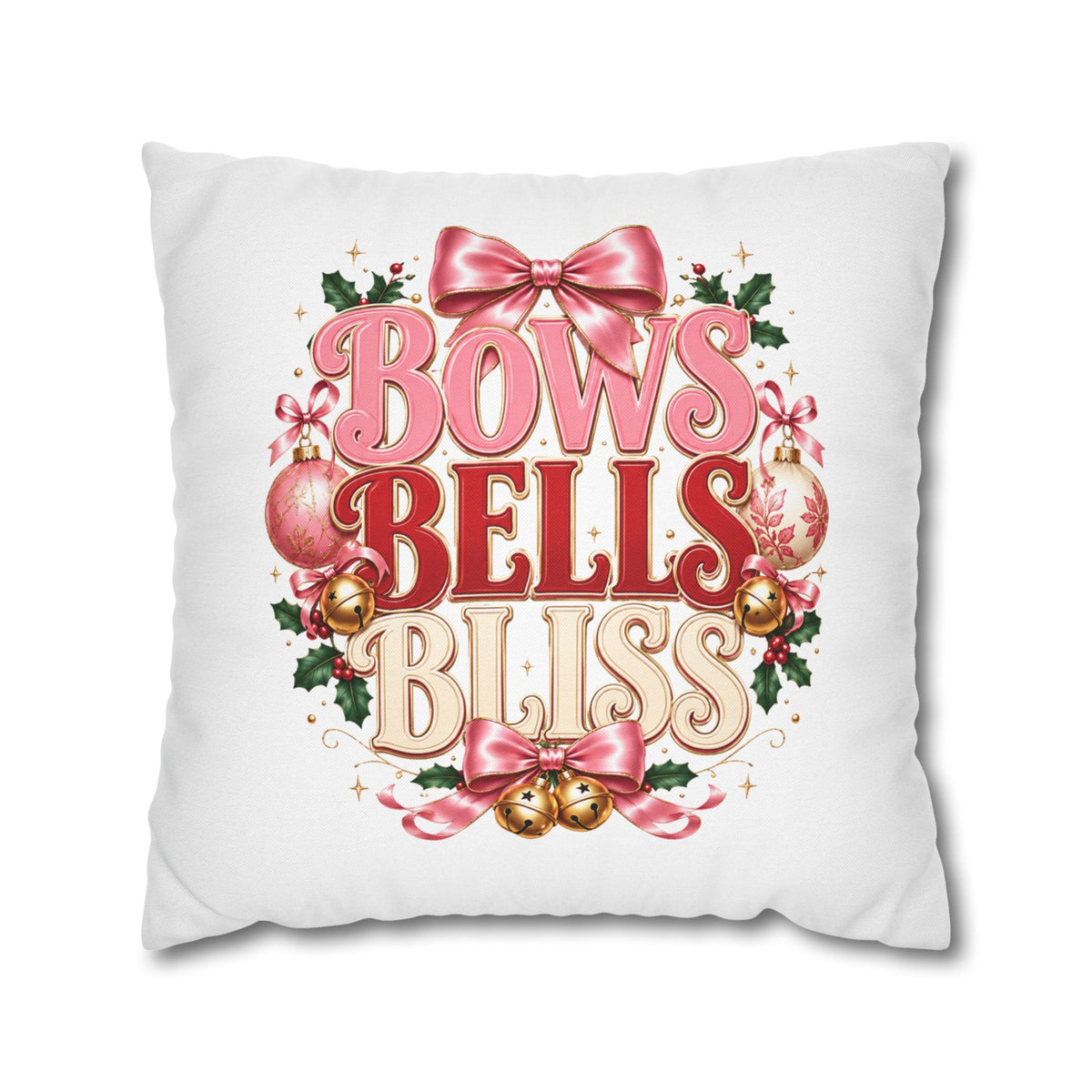 Christmas Decorative Pillowcase — "Bows Bells Bliss" Pink Holiday Throw Pillowcase