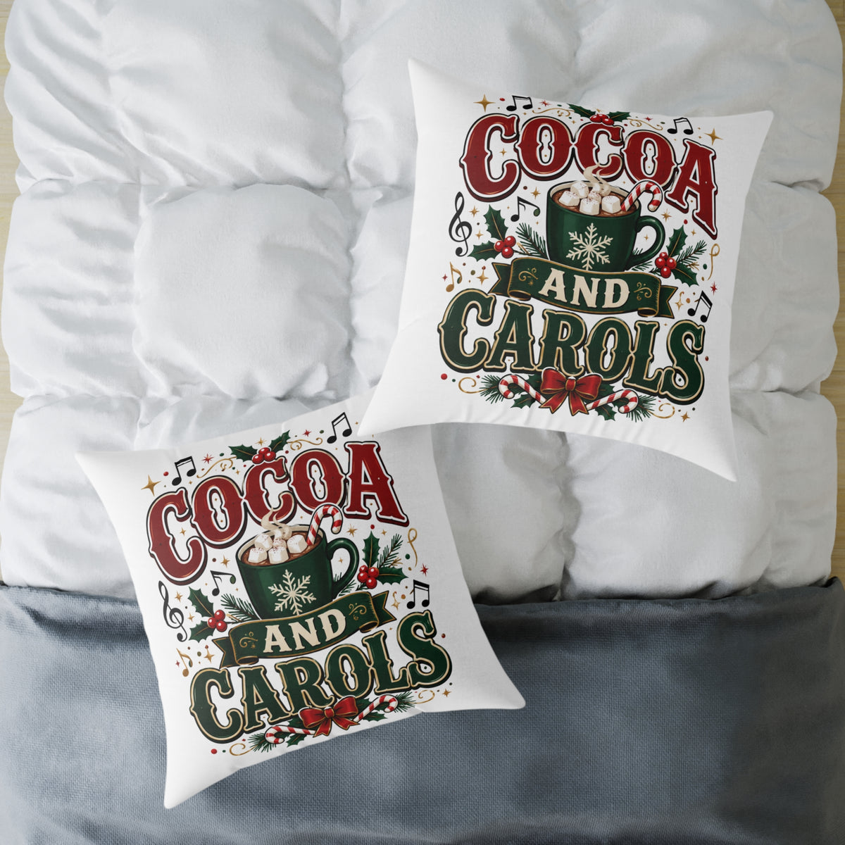 Christmas Cocoa and Carols Square Pillow — Holiday Hot Cocoa Christmas Decor