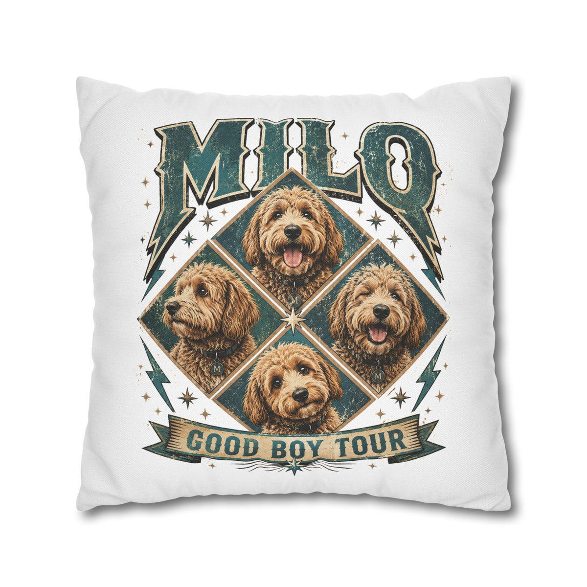 Milo “Good Boy Tour” Dog Photo Square Pillowcase Milo Bailey Dog Dad Mom