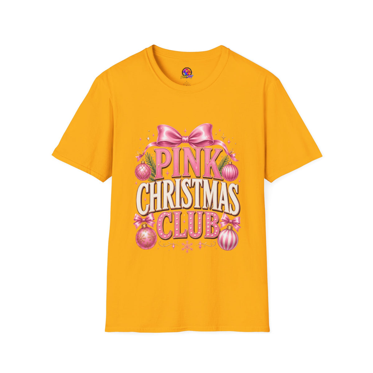 Pink Christmas Club T-Shirt — Womens Festive Holiday Tee with Bow & Ornaments