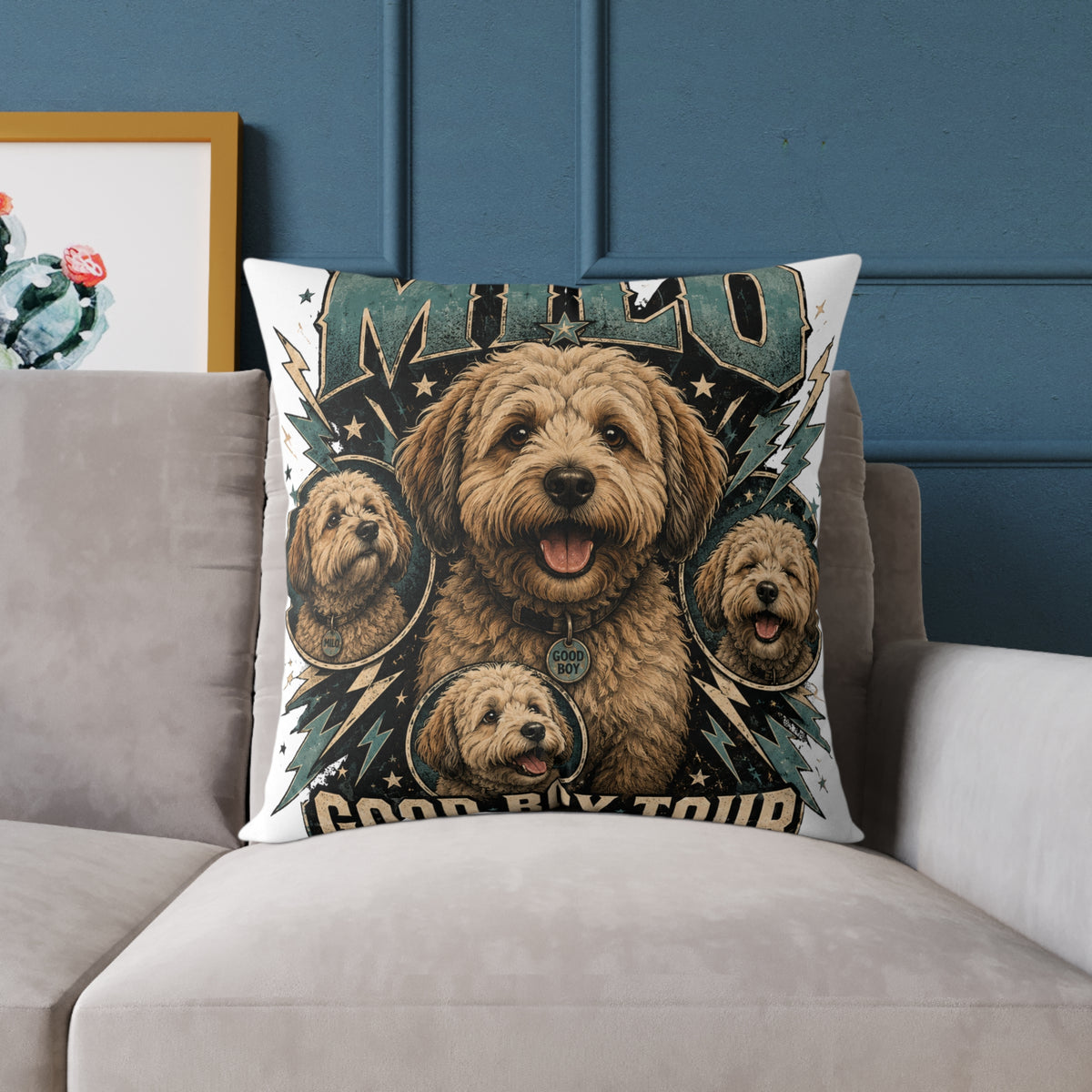 Milo Golden Doodle Band Tour Square Pillow  Milo Bailey Dog Dad Mom— Retro Dog Portrait Decorative Throw