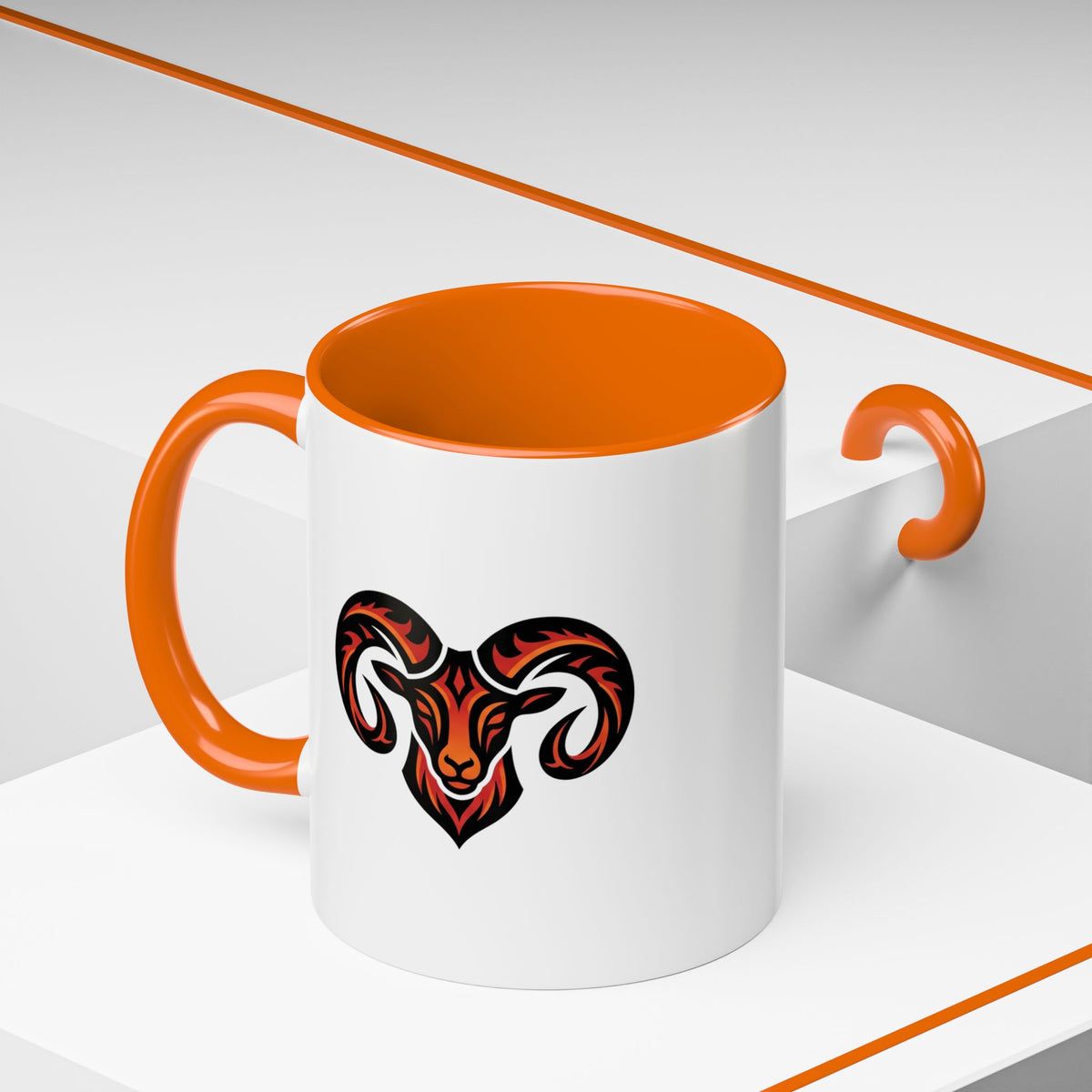 Aries Zodiac Ram Logo Accent Coffee Mug — Bold Tribal Ram Head Design