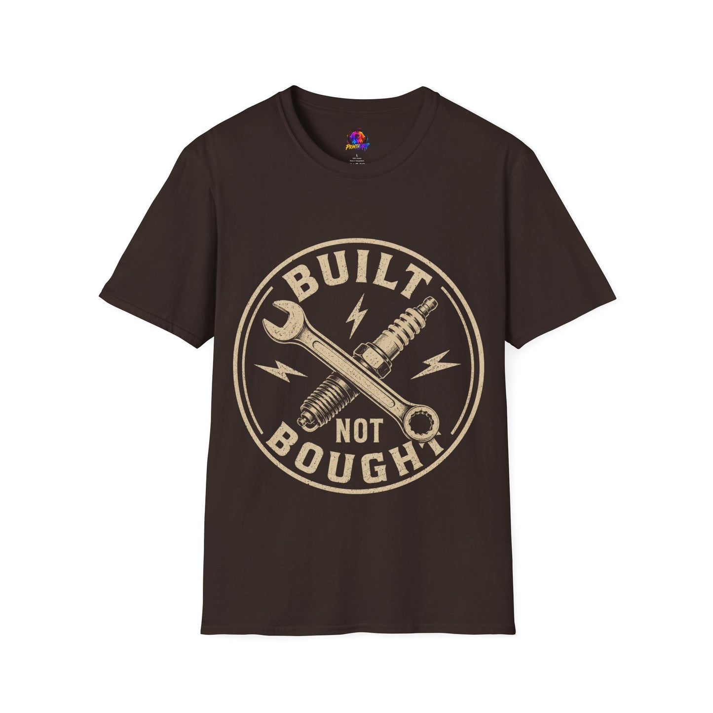 Built Not Bought T-Shirt — Vintage Mechanic Wrench & Spark Plug Design