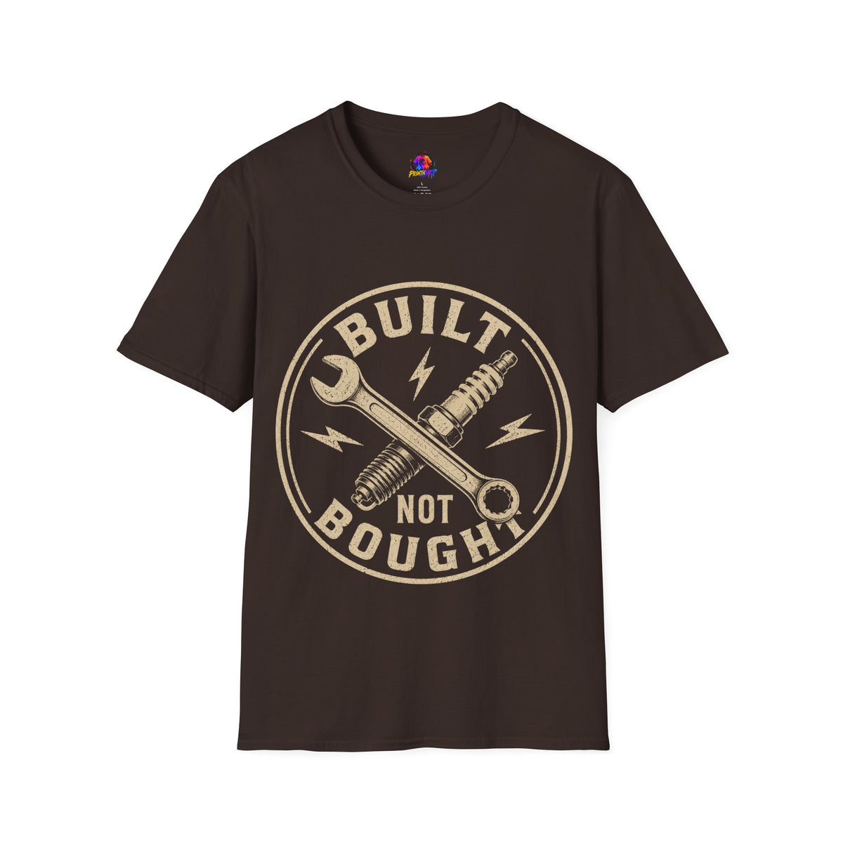 Built Not Bought T-Shirt — Vintage Mechanic Wrench & Spark Plug Design