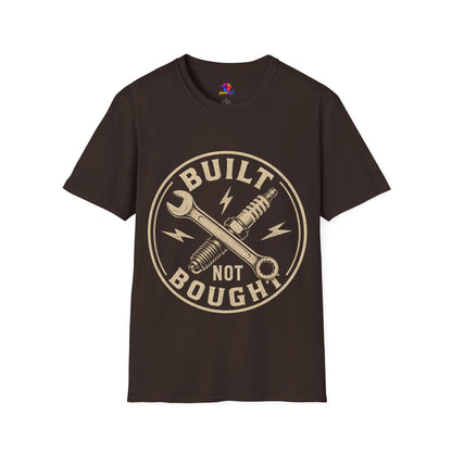 Built Not Bought T-Shirt — Vintage Mechanic Wrench & Spark Plug Design