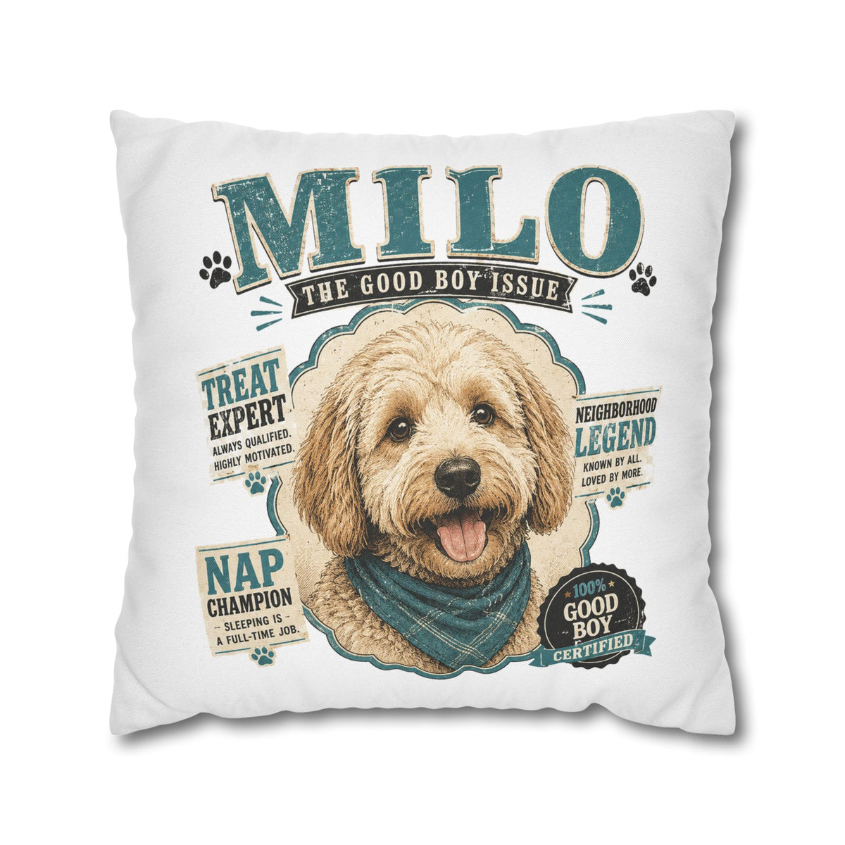 Milo 'The Good Boy Issue' Decorative Dog Pillowcase — Personalized Pet Name Cushion Cover Milo Bailey Dog Dad Mom