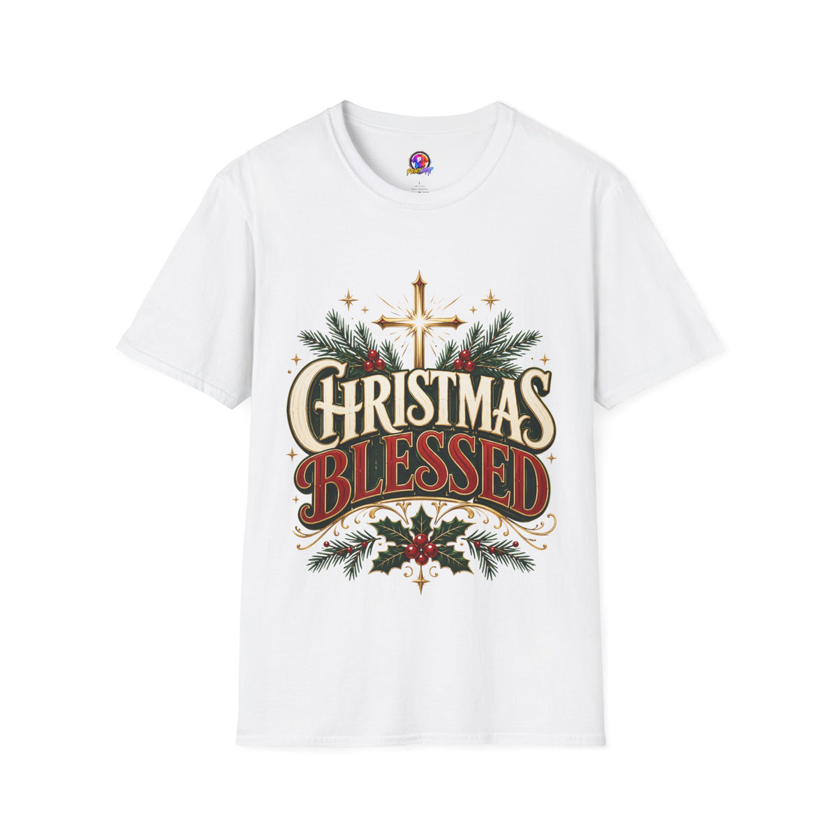 Christmas Blessed T-Shirt — Faith-Based Holiday Tee with Cross & Pine Design
