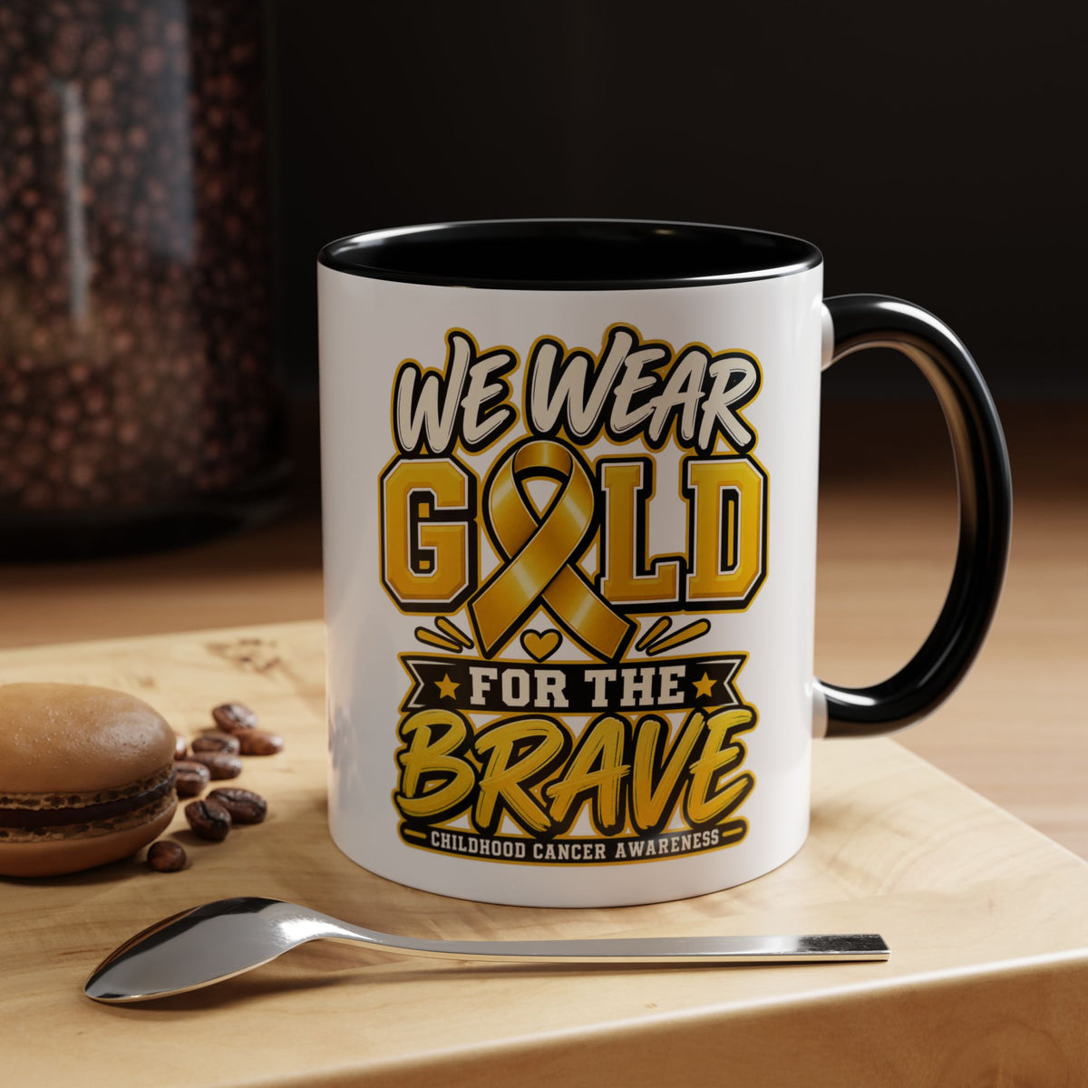 Childhood Cancer Awareness Accent Coffee Mug – "We Wear Gold for the Brave" (11/15 oz)