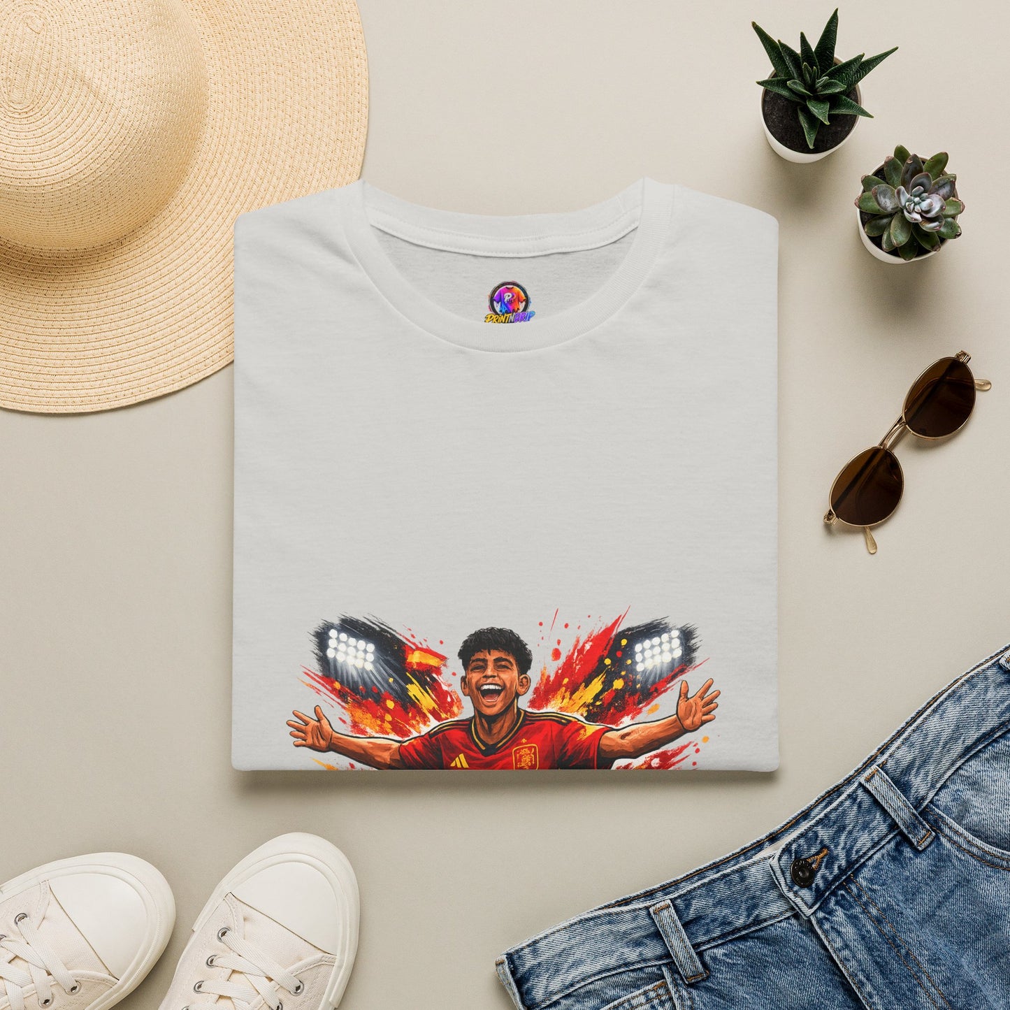 Spain Soccer Fan Portrait T‑Shirt – Fiery Goal Celebration Design