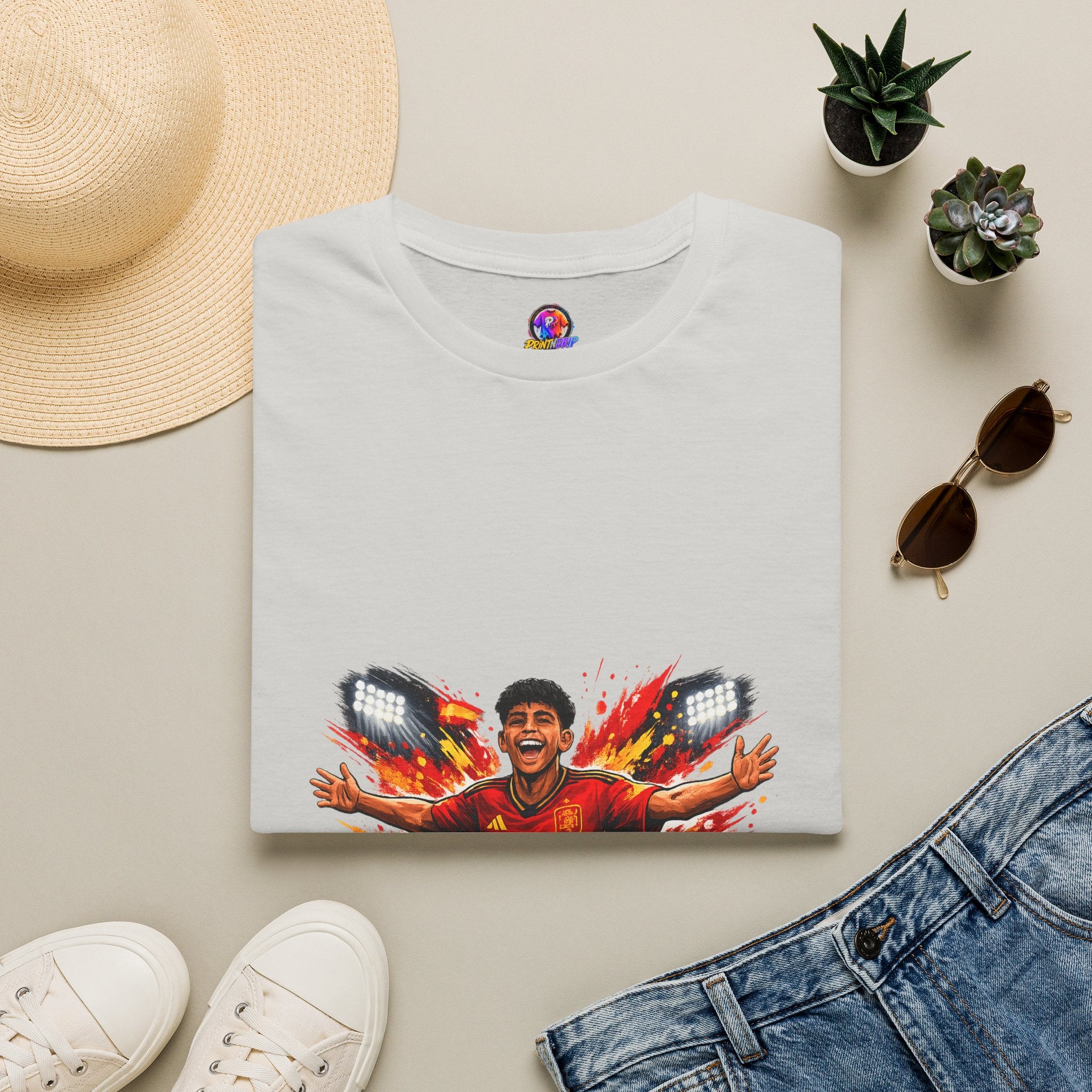 Spain Soccer Fan Portrait T‑Shirt – Fiery Goal Celebration Design