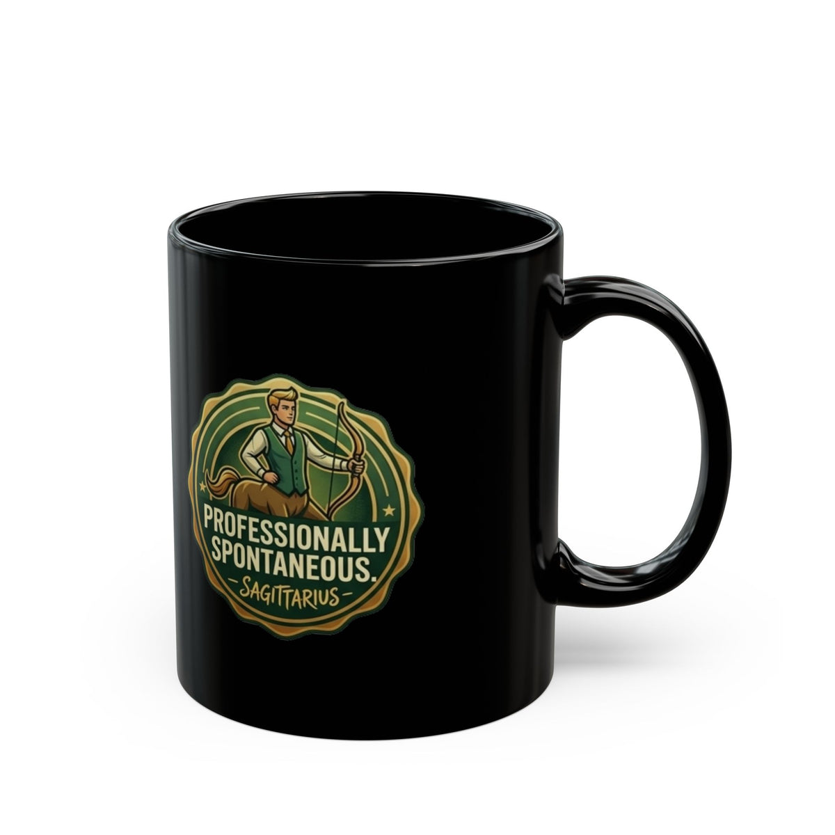 Sagittarius Coffee Mug — "Professionally Spontaneous" Black Zodiac Mug