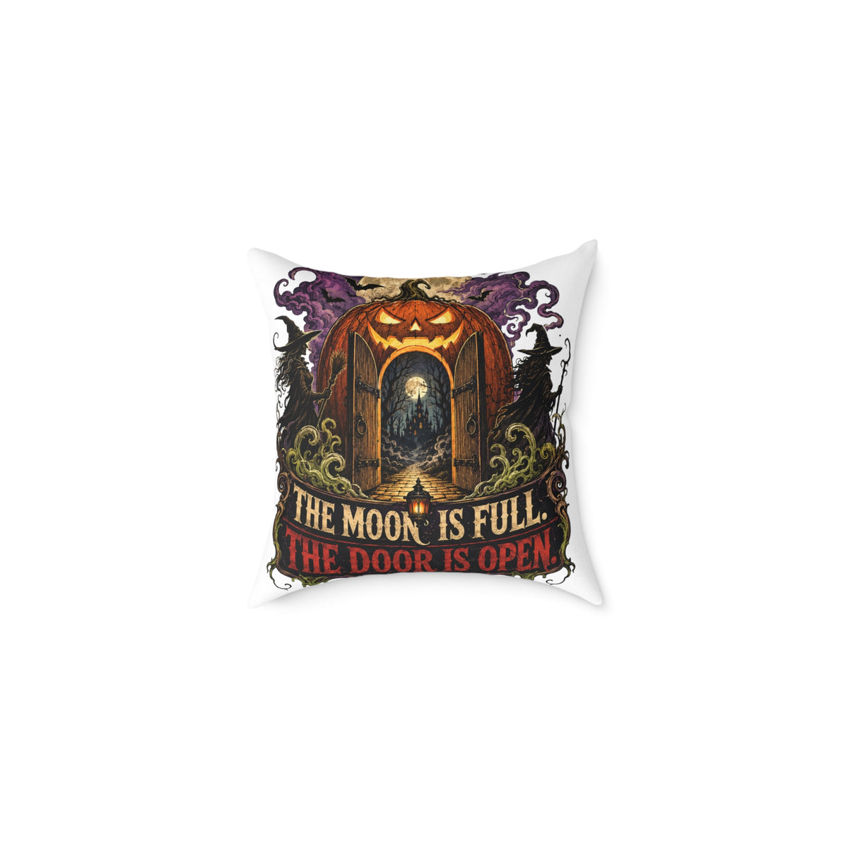 Halloween Pumpkin Door Pillow — "The Moon Is Full, The Door Is Open" Decorative Throw Pillow