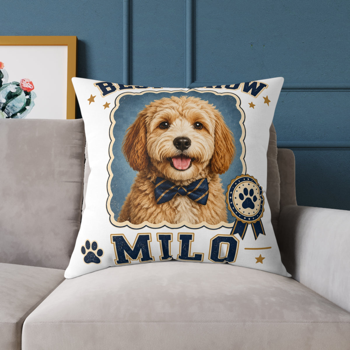 Milo Bailey Dog Dad Mom Square Pillow — 'Best in Show' Personalized Dog Portrait (Milo)