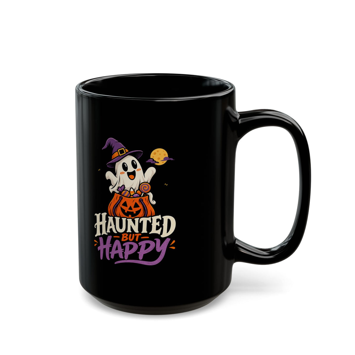 Haunted But Happy Halloween Mug — Cute Ghost Pumpkin Black Coffee Cup