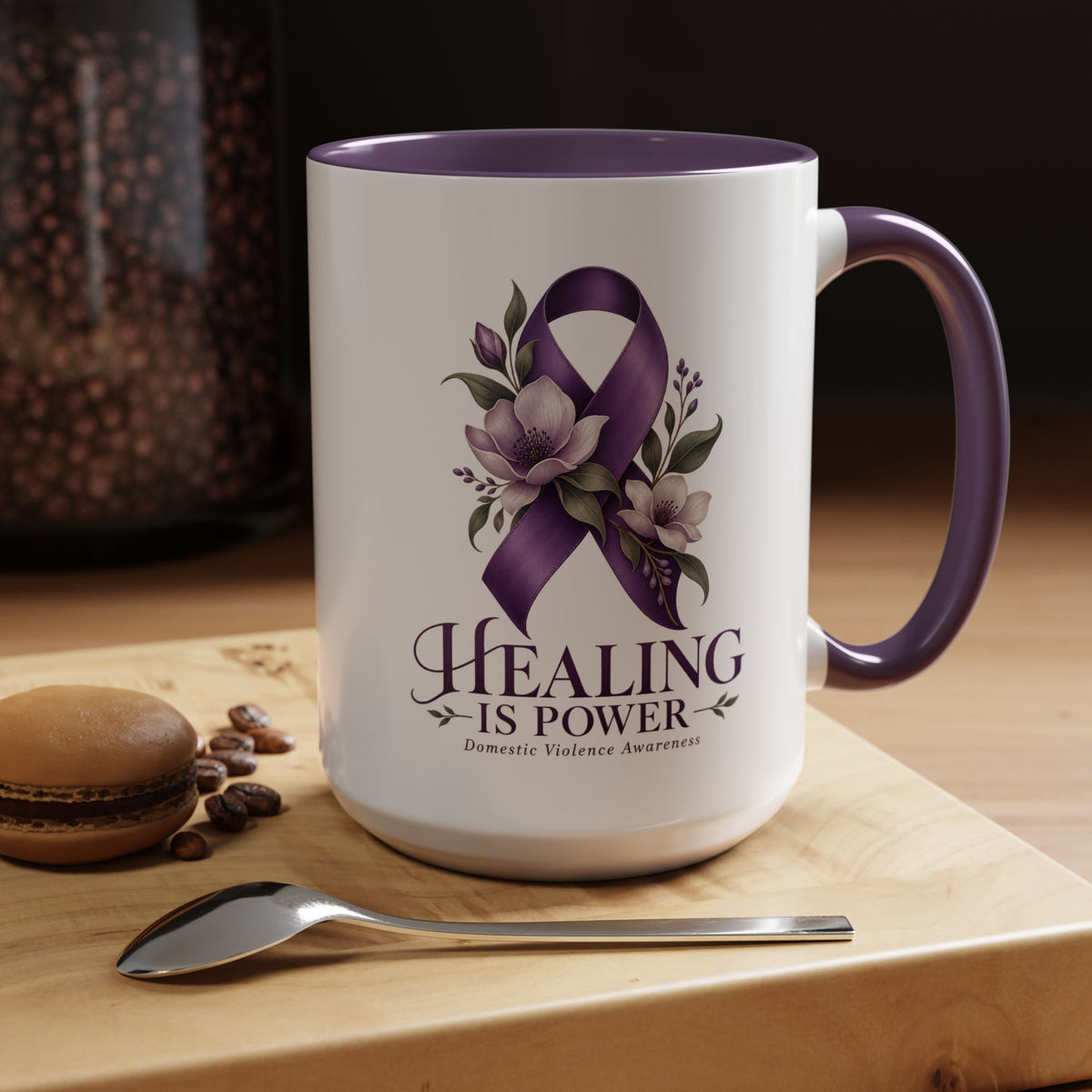 Healing Is Power Purple Ribbon Coffee Mug — Domestic Violence Awareness Accent Mug (11/15oz)