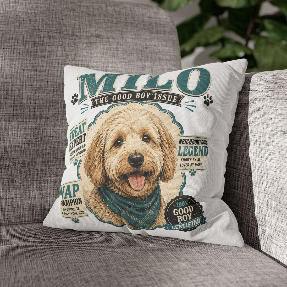 Milo 'The Good Boy Issue' Decorative Dog Pillowcase — Personalized Pet Name Cushion Cover Milo Bailey Dog Dad Mom
