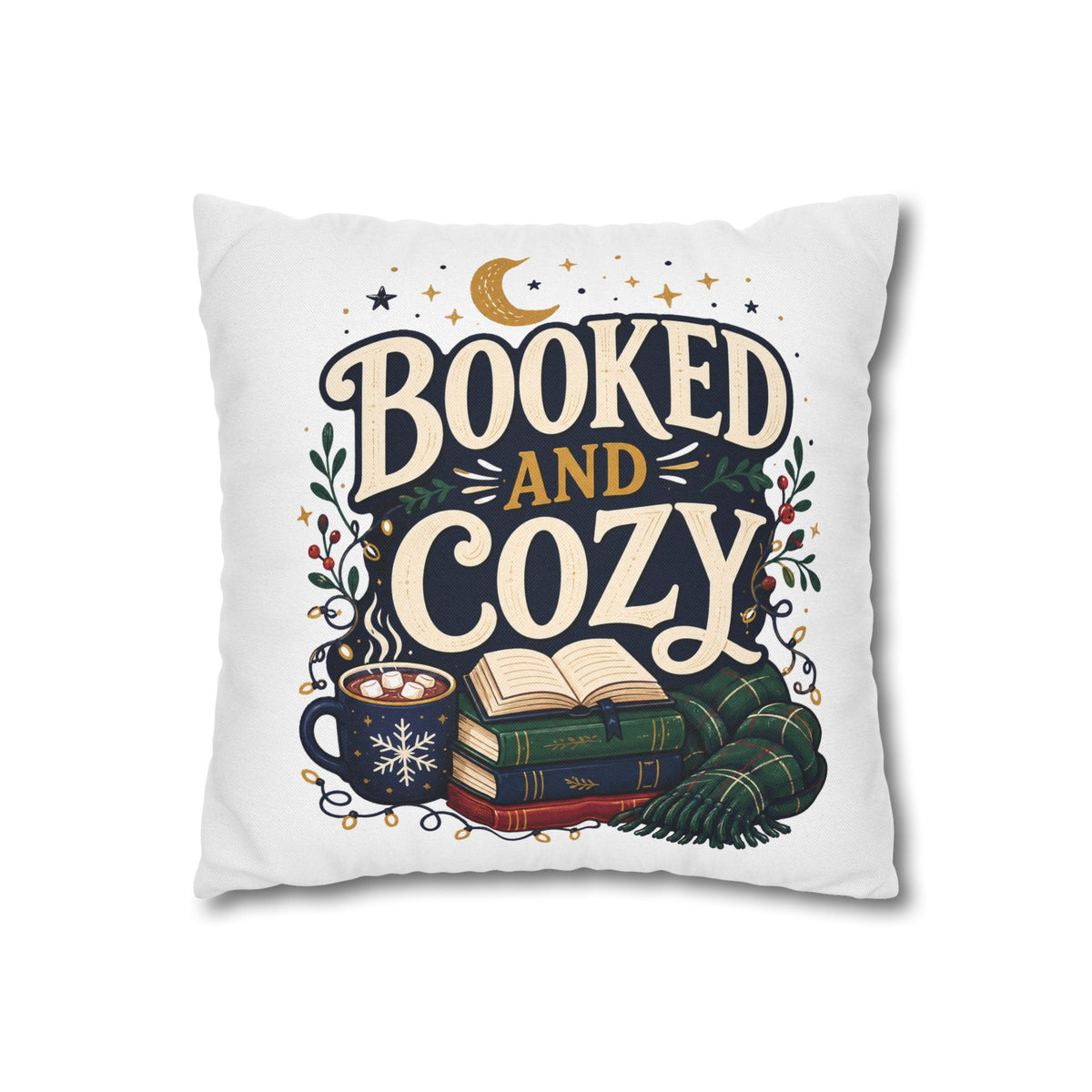 Booked and Cozy Square Pillowcase Modern Day Christmas — Booklover Decorative Throw Pillow Cover