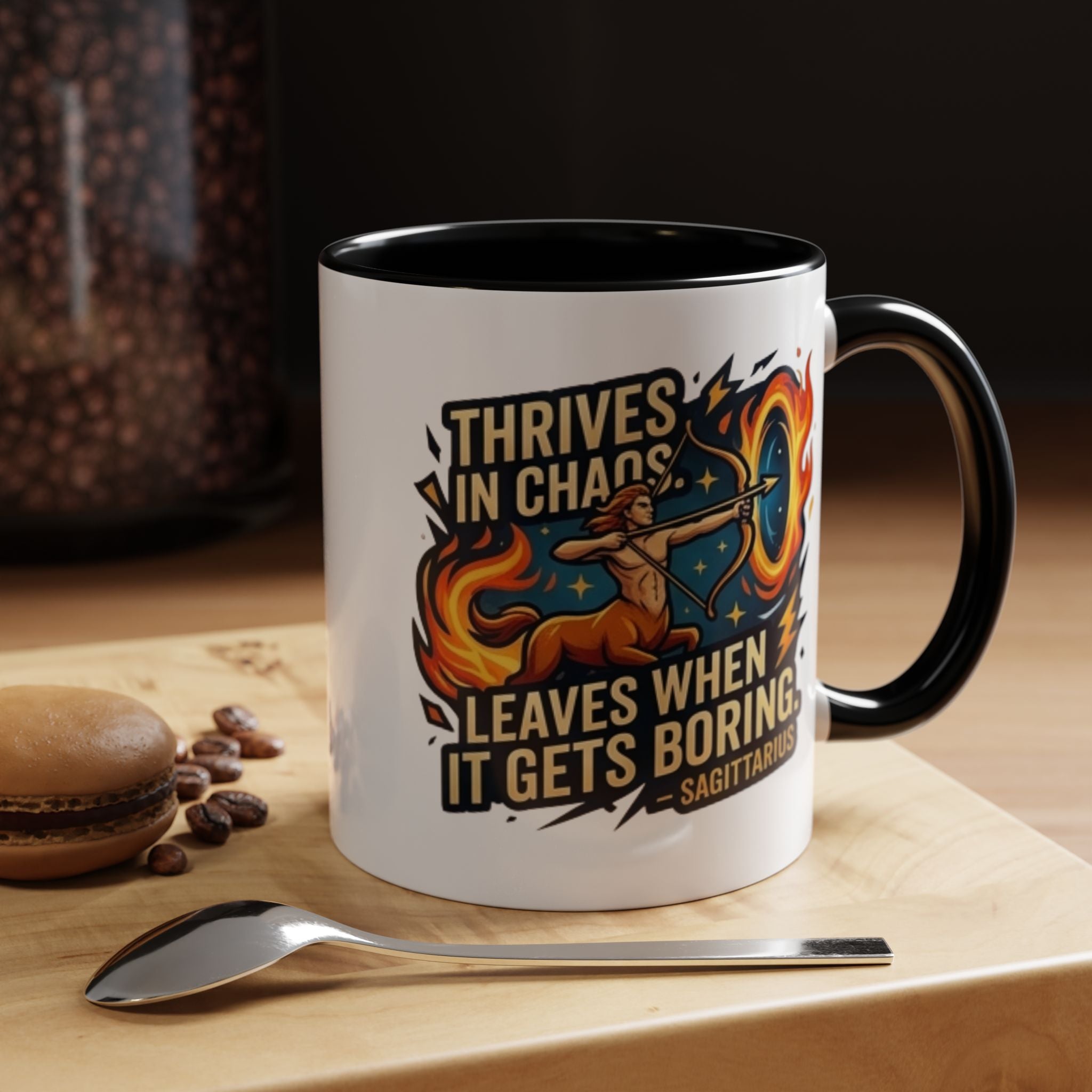Sagittarius Coffee Mug – "Thrives in Chaos, Leaves When It Gets Boring" Accent Mug