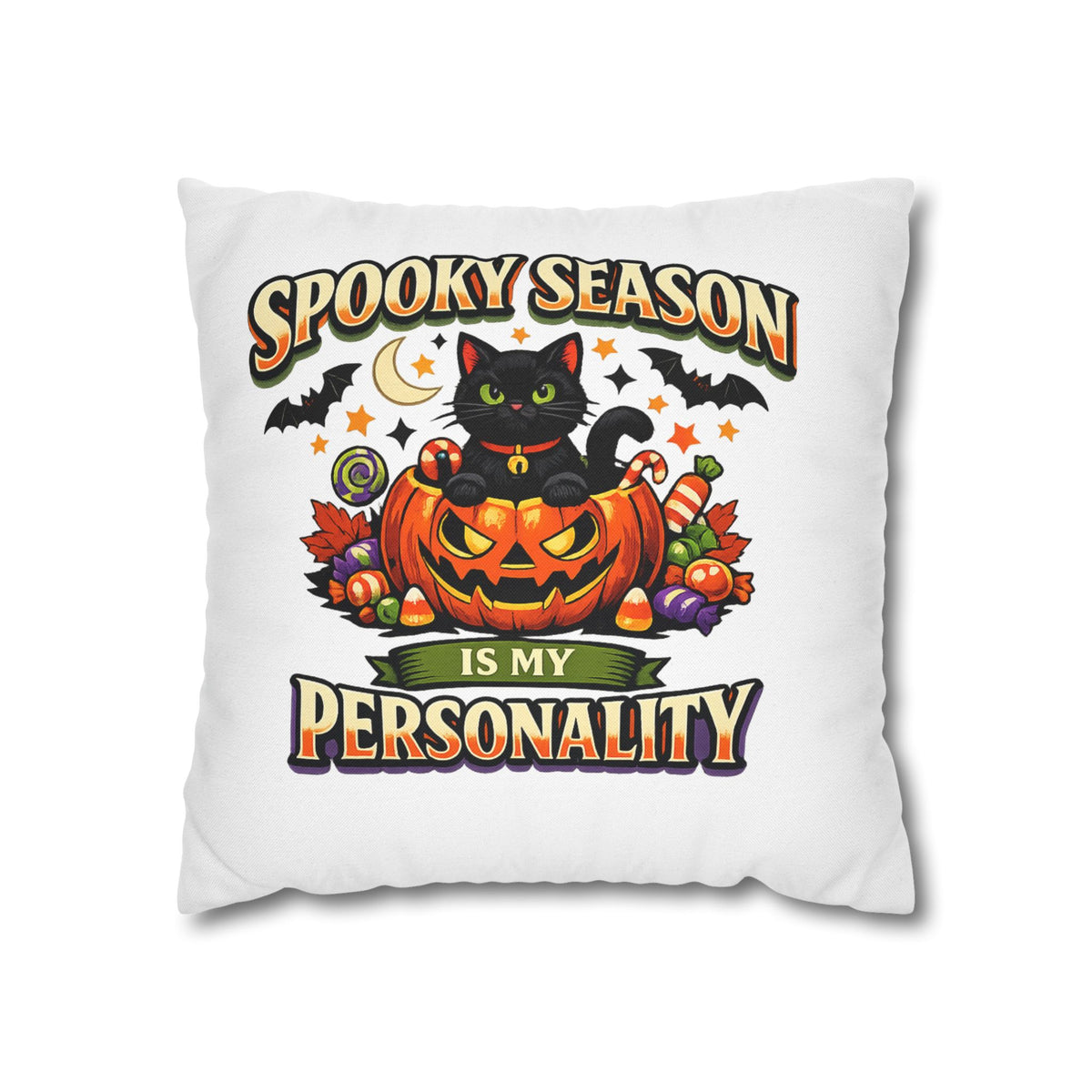 Halloween Pillowcase — "Spooky Season Is My Personality" Black Cat Pumpkin Decorative Pillow