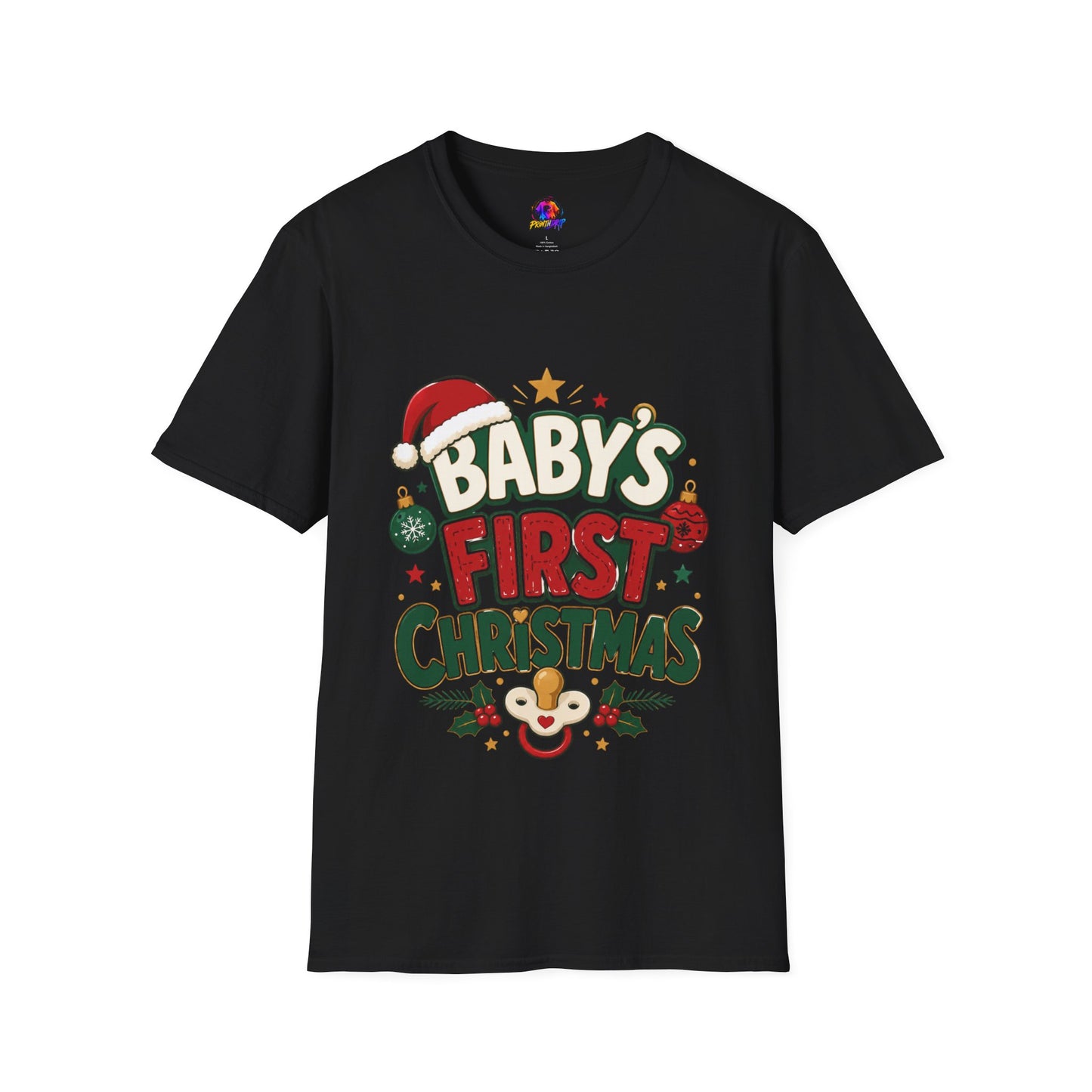 Baby's First Christmas T-Shirt — Festive Santa Hat & Ornaments Holiday Tee