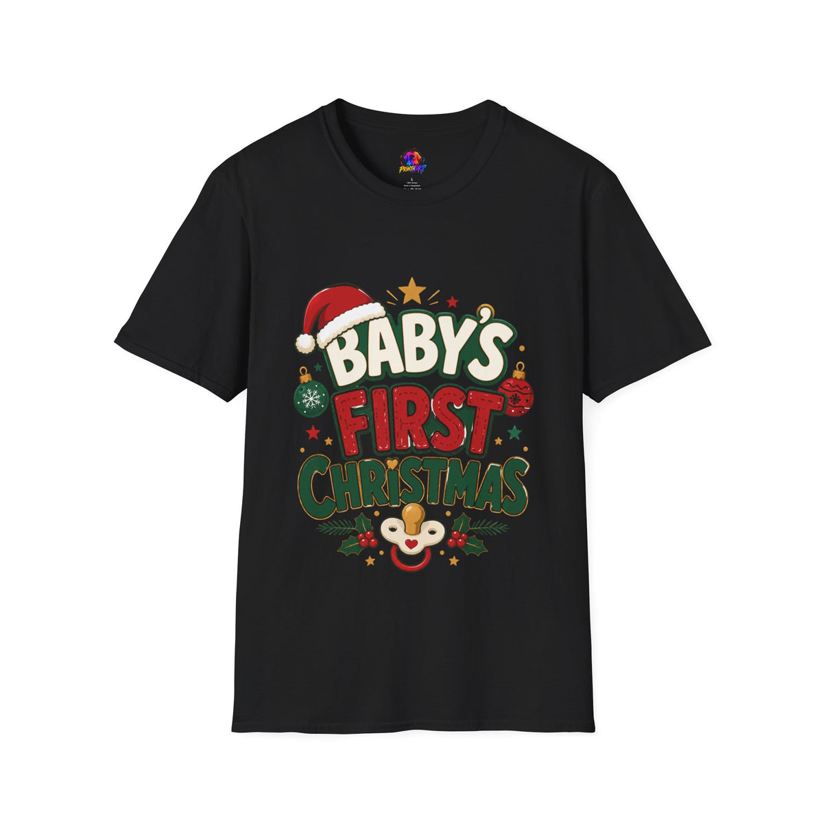 Baby's First Christmas T-Shirt — Festive Santa Hat & Ornaments Holiday Tee