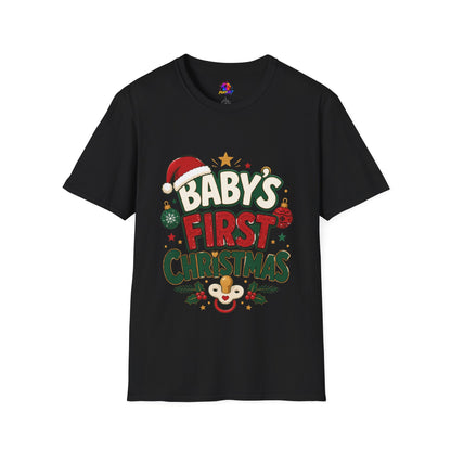 Baby's First Christmas T-Shirt — Festive Santa Hat & Ornaments Holiday Tee