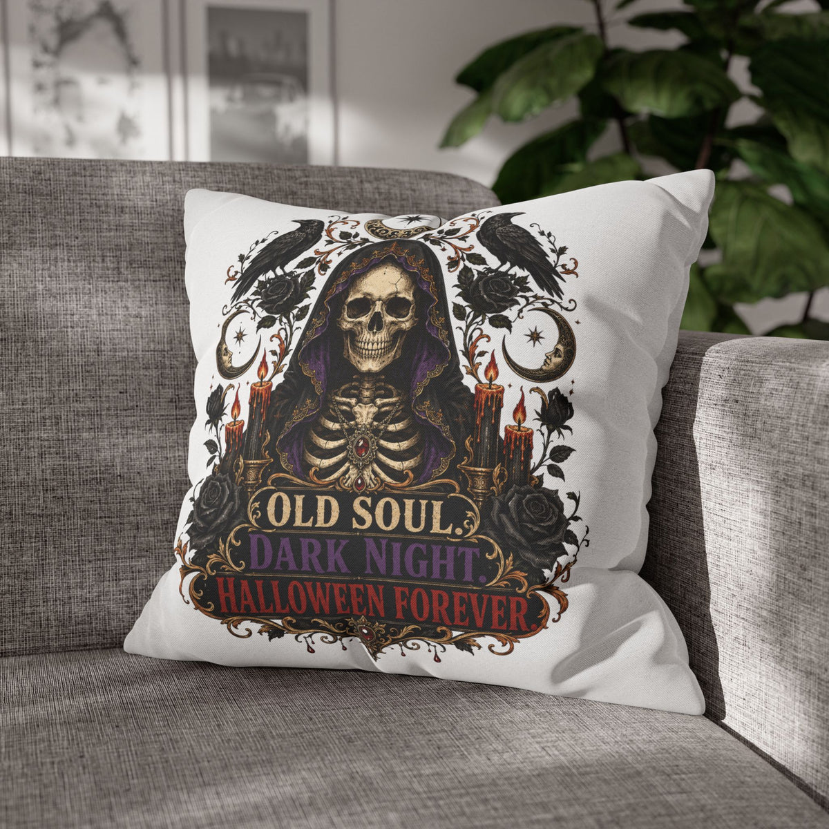 Halloween Skull Pillowcase — "Old Soul Dark Night" Spun Polyester Square Pillow