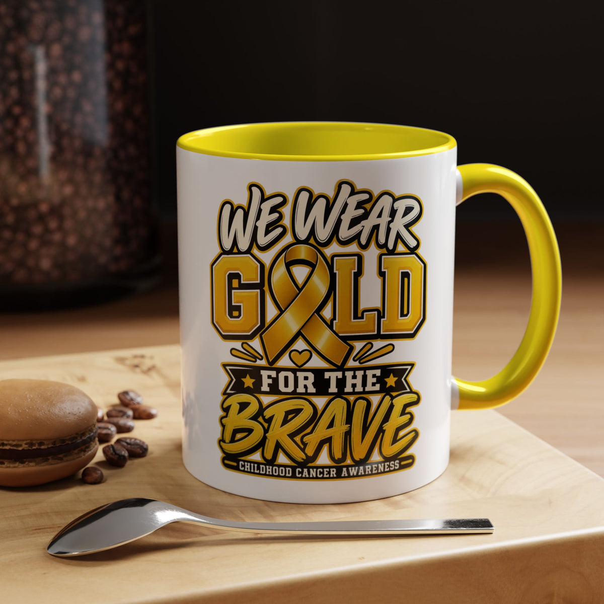 Childhood Cancer Awareness Accent Coffee Mug – "We Wear Gold for the Brave" (11/15 oz)