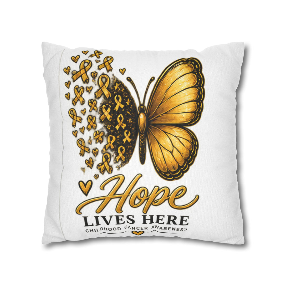 Childhood Cancer Awareness Pillow – "Hope Lives Here" Gold Ribbon Butterfly Square Pillowcase