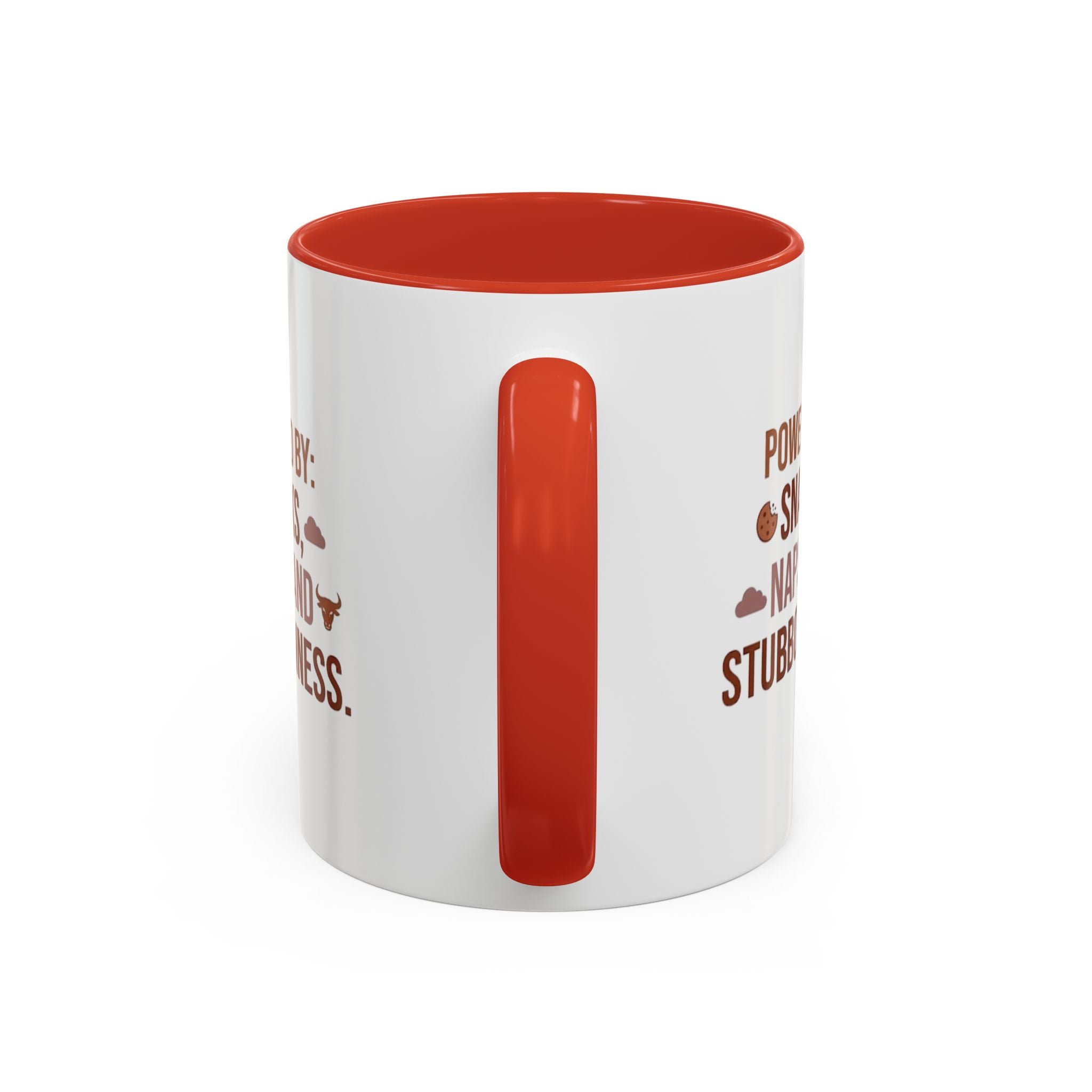 Coffee Mug — "Powered by: Snacks, Naps, and Stubbornness" Ceramic Accent Mug
