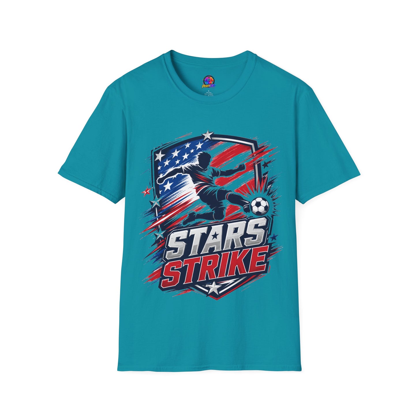 USA Soccer Stars Strike T‑Shirt — American Flag Soccer Player Graphic