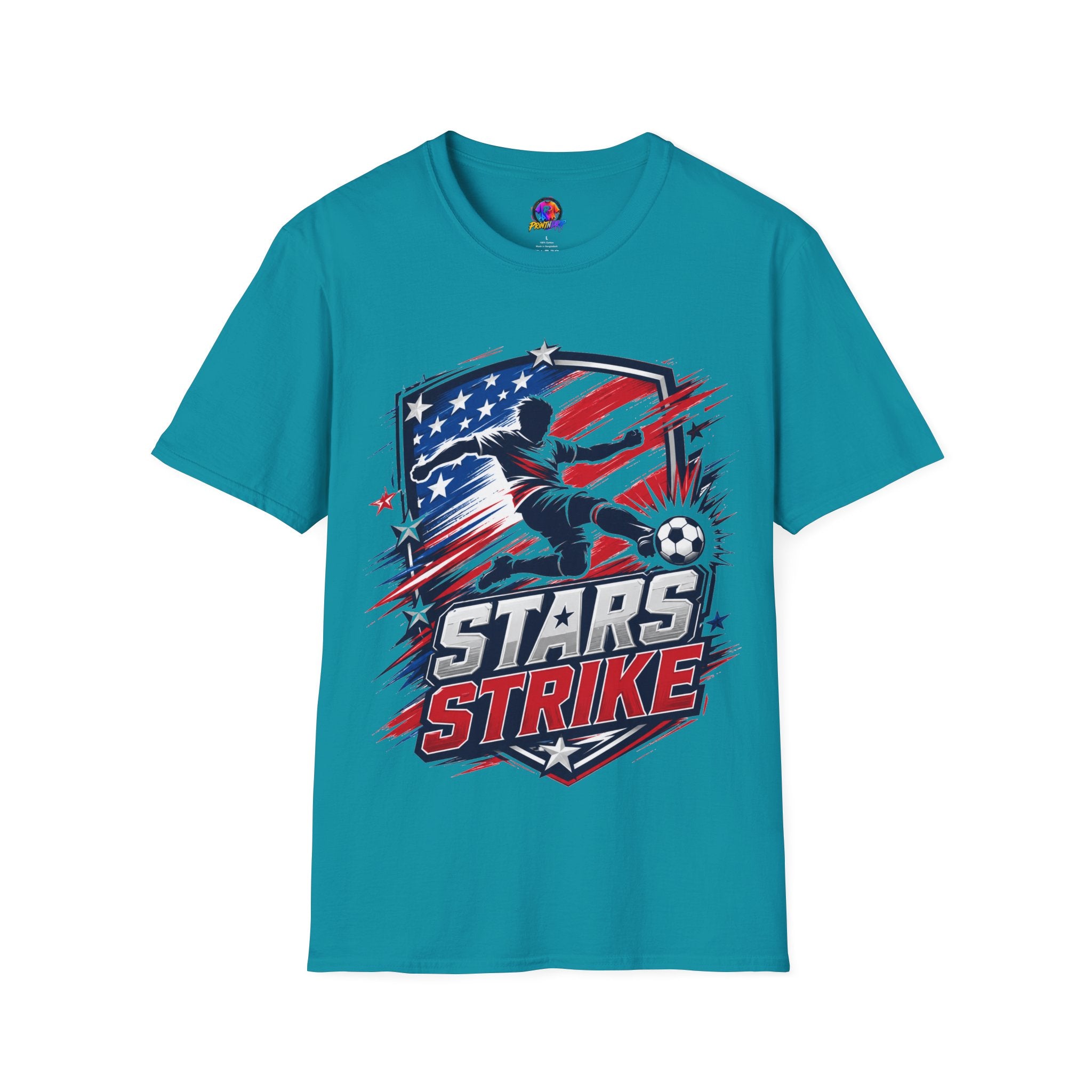 USA Soccer Stars Strike T‑Shirt — American Flag Soccer Player Graphic
