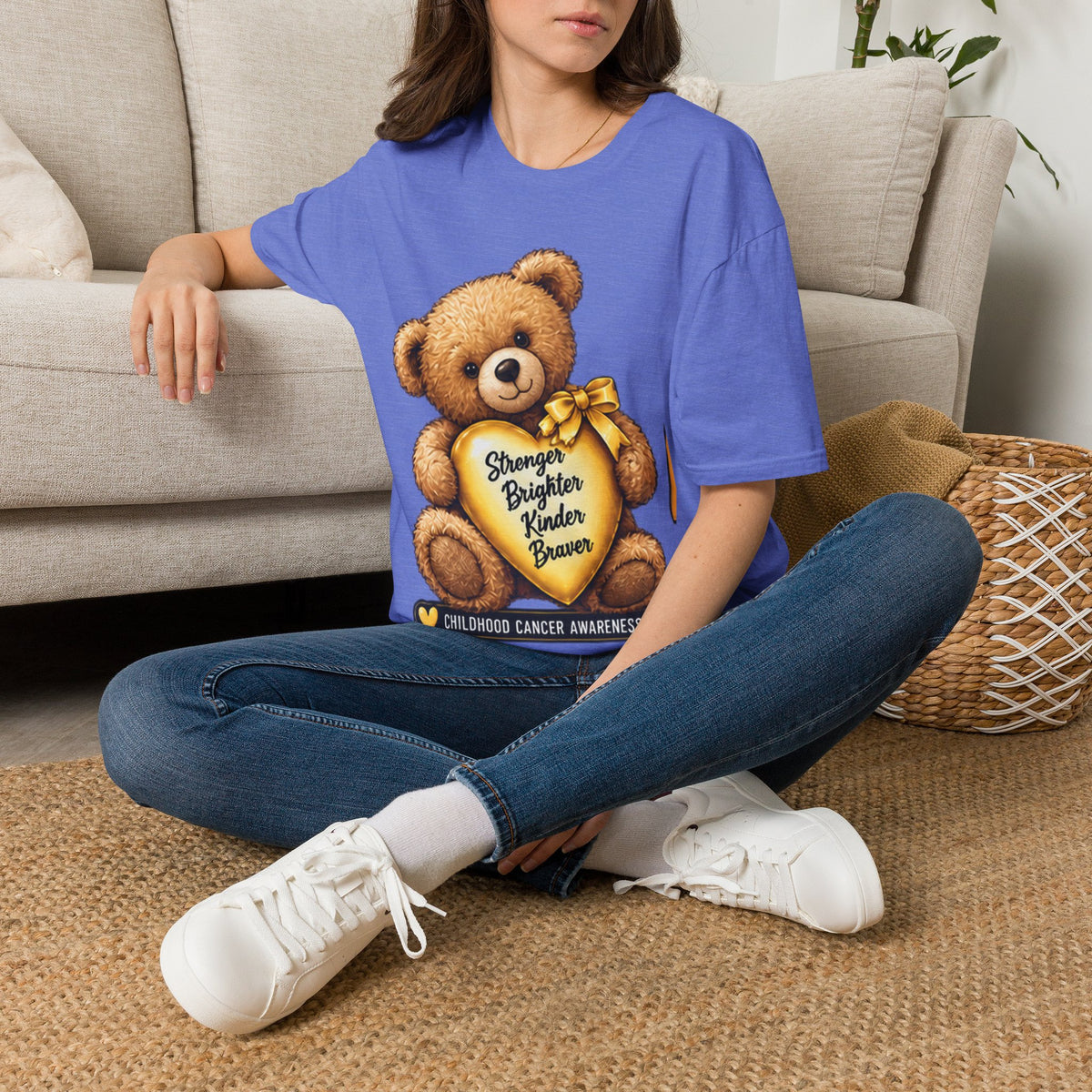 Childhood Cancer Awareness Teddy T-Shirt — "Stronger Brighter Kinder Braver"