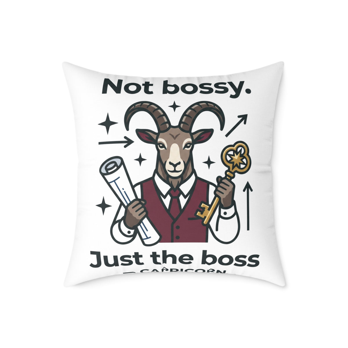 Capricorn Square Throw Pillow — “Not Bossy. Just the Boss” Goat Illustration