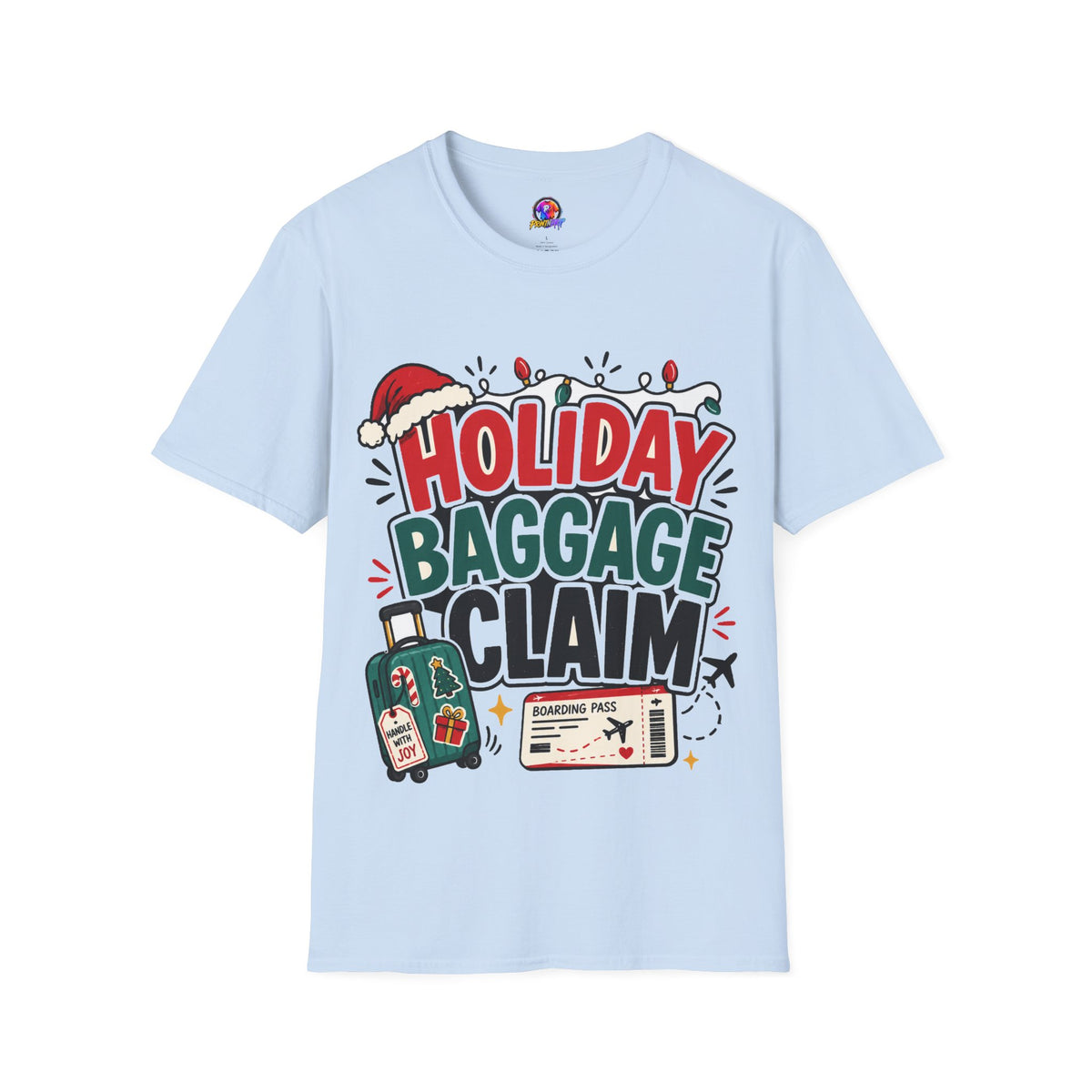 Holiday Baggage Claim T-Shirt — Funny Christmas Vacation Tee with Santa Hat & Lights