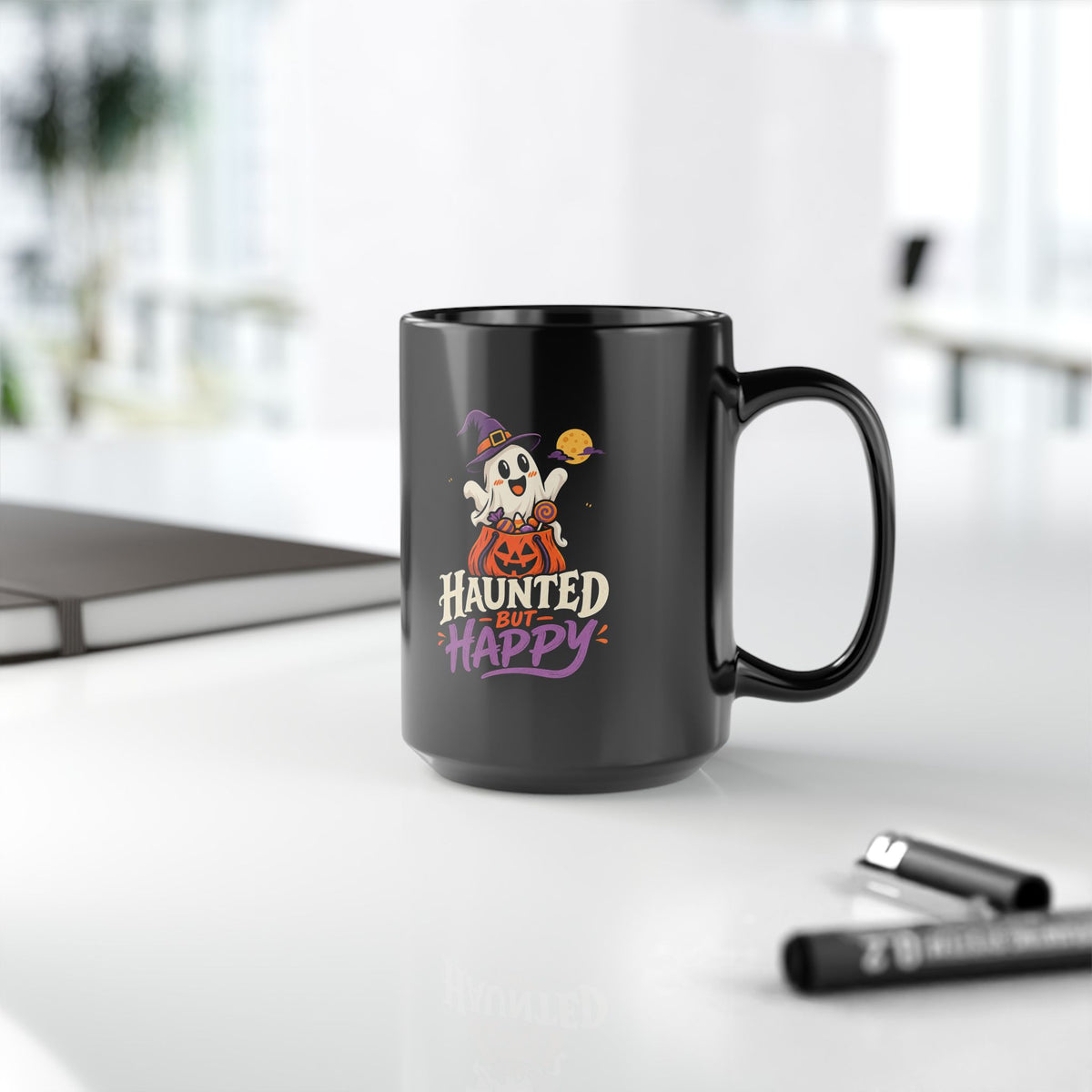 Haunted But Happy Halloween Mug — Cute Ghost Pumpkin Black Coffee Cup